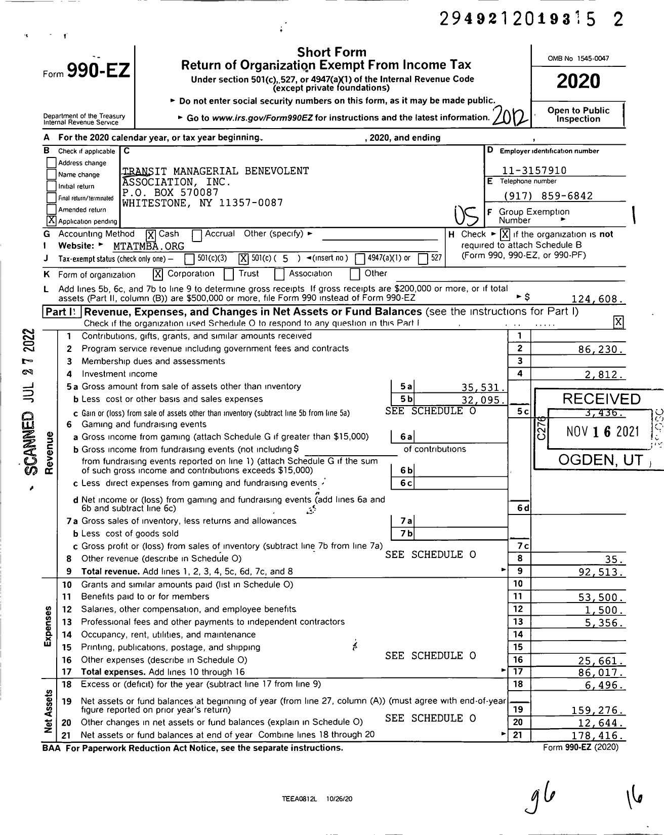 Image of first page of 2020 Form 990EO for Transit Managerial Benevolent Association