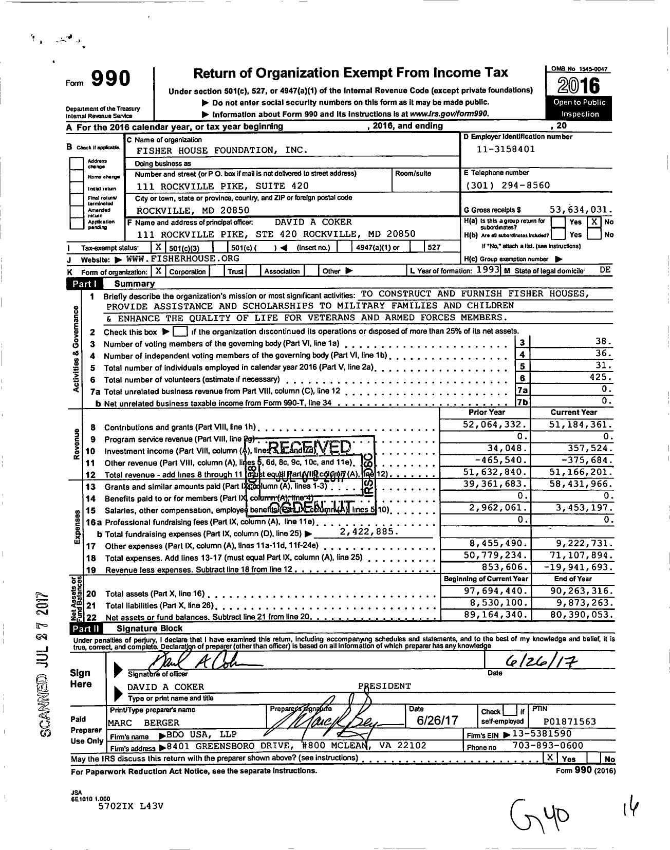Image of first page of 2016 Form 990 for Fisher House Foundation
