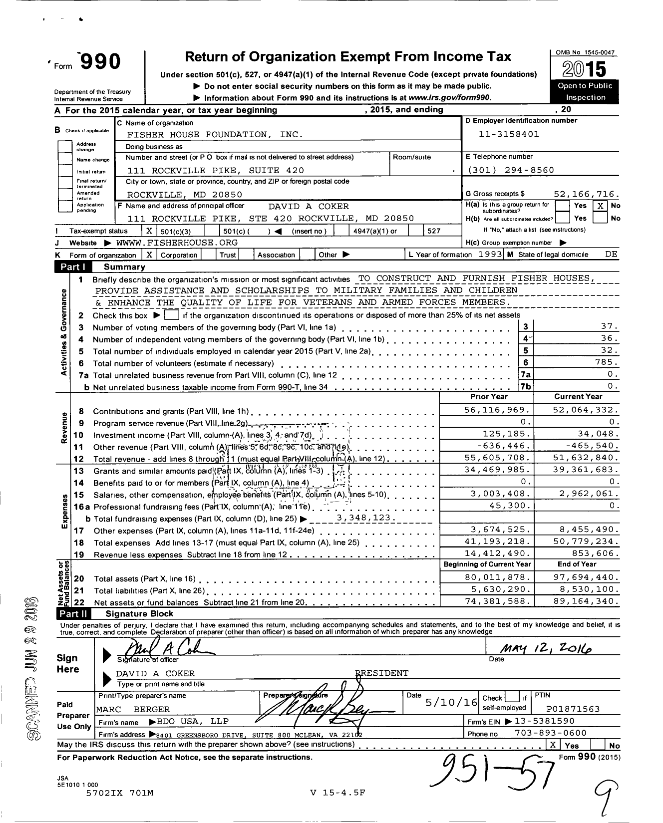 Image of first page of 2015 Form 990 for Fisher House Foundation