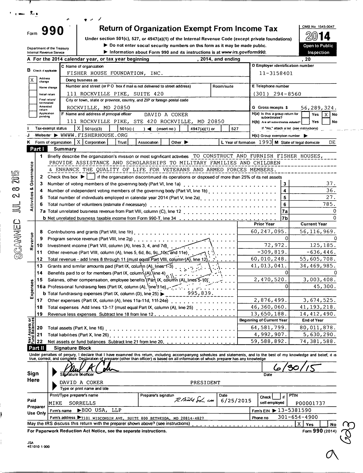 Image of first page of 2014 Form 990 for Fisher House Foundation