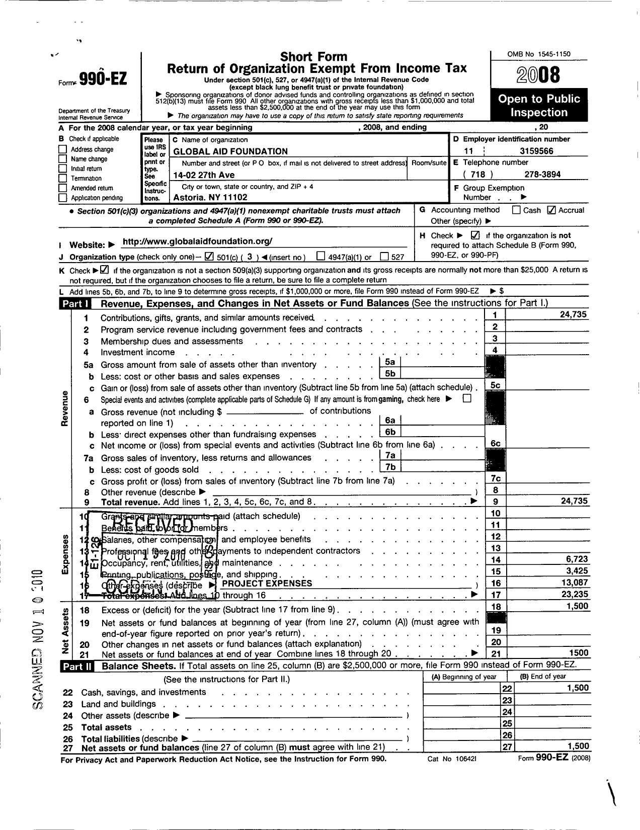 Image of first page of 2008 Form 990EZ for Global Aid Foundation