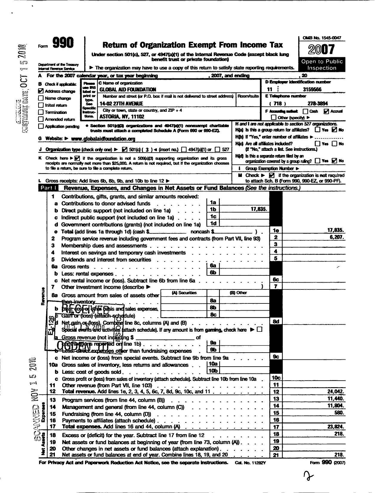 Image of first page of 2007 Form 990 for Global Aid Foundation