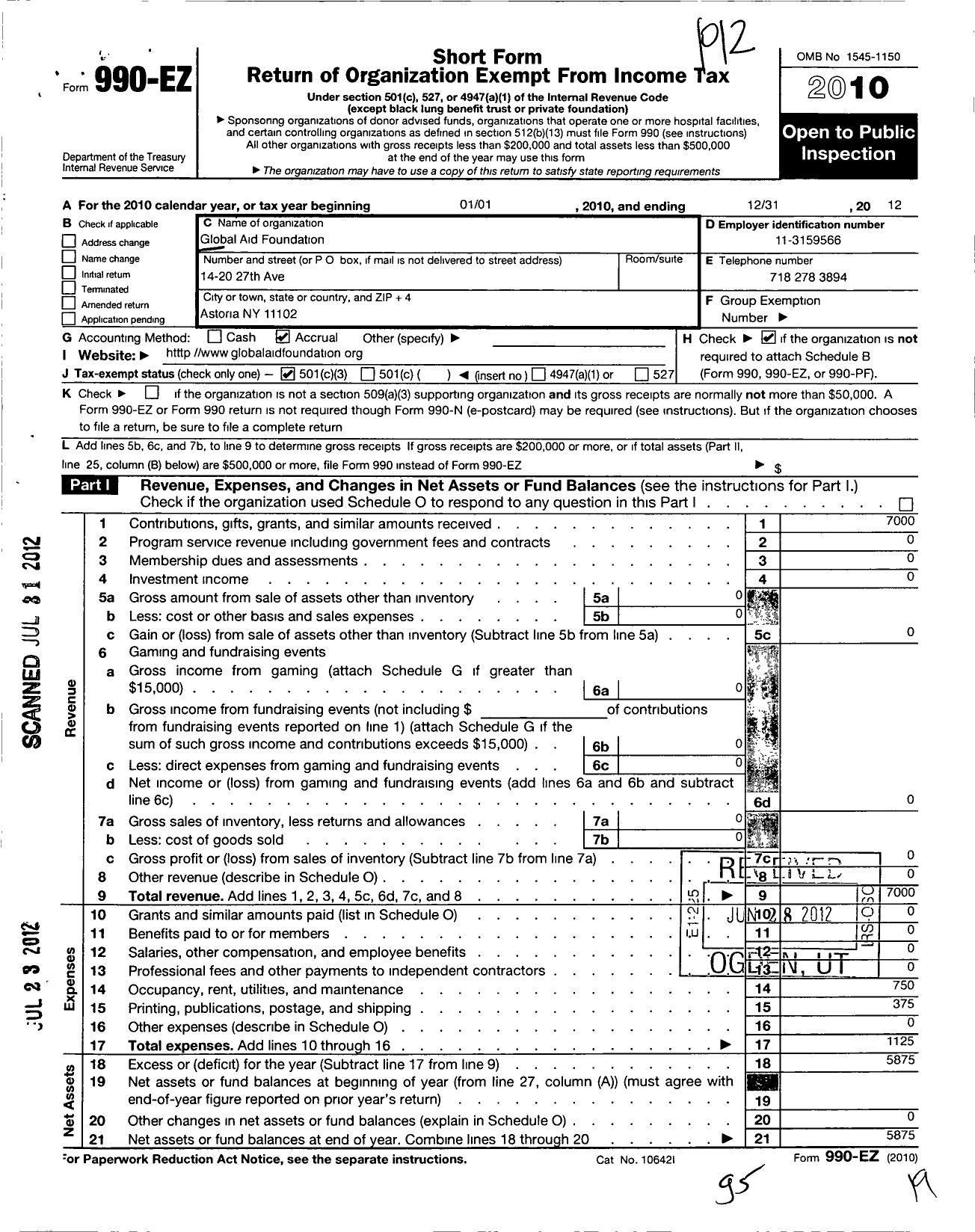 Image of first page of 2010 Form 990EZ for Global Aid Foundation