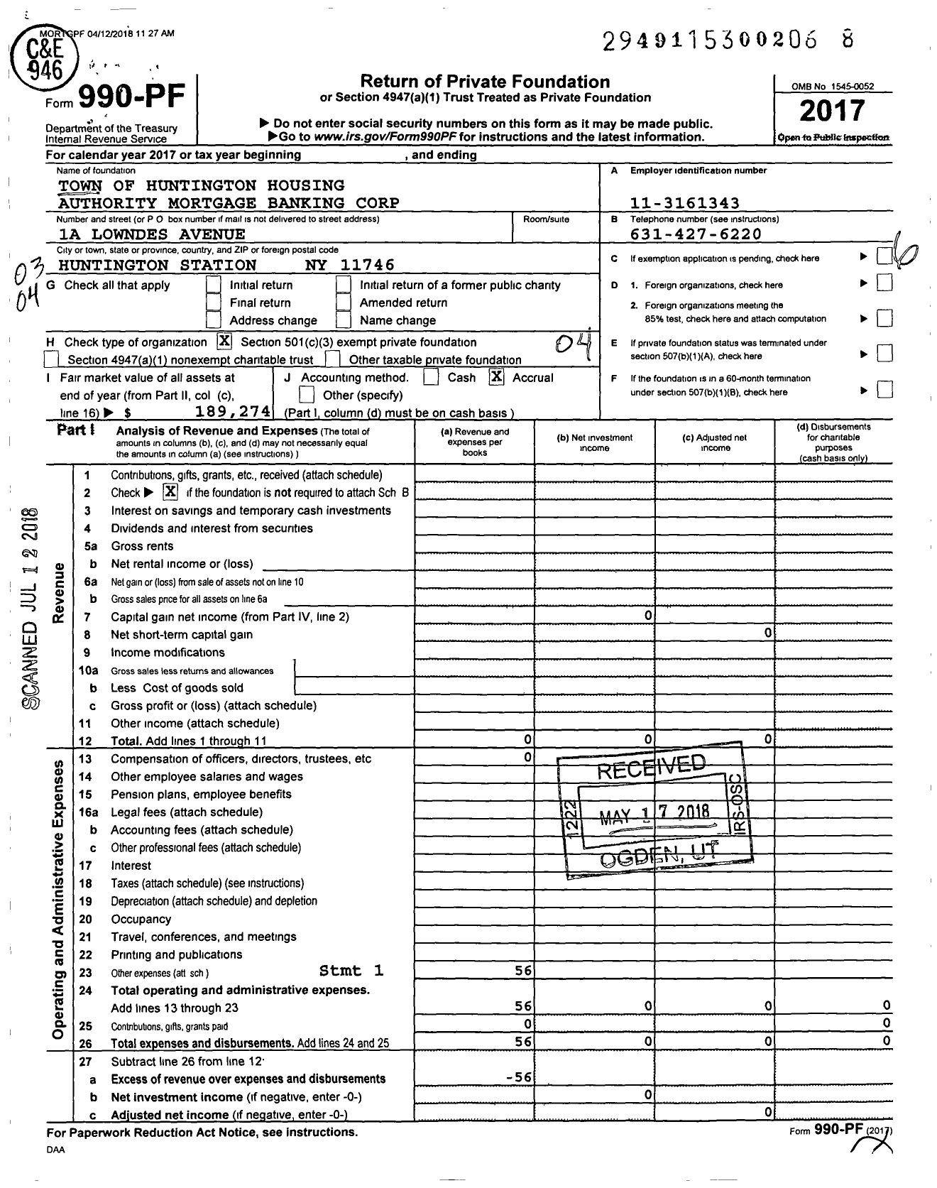 Image of first page of 2017 Form 990PF for Town of Huntington Housing Authority Mortgage Banking Corporation