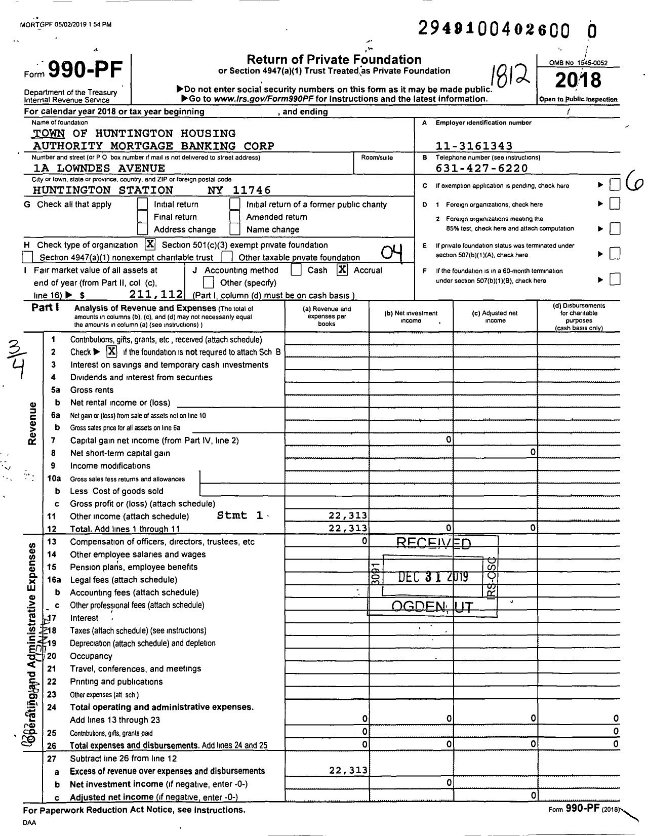 Image of first page of 2018 Form 990PR for Town of Huntington Housing Authority Mortgage Banking Corporation