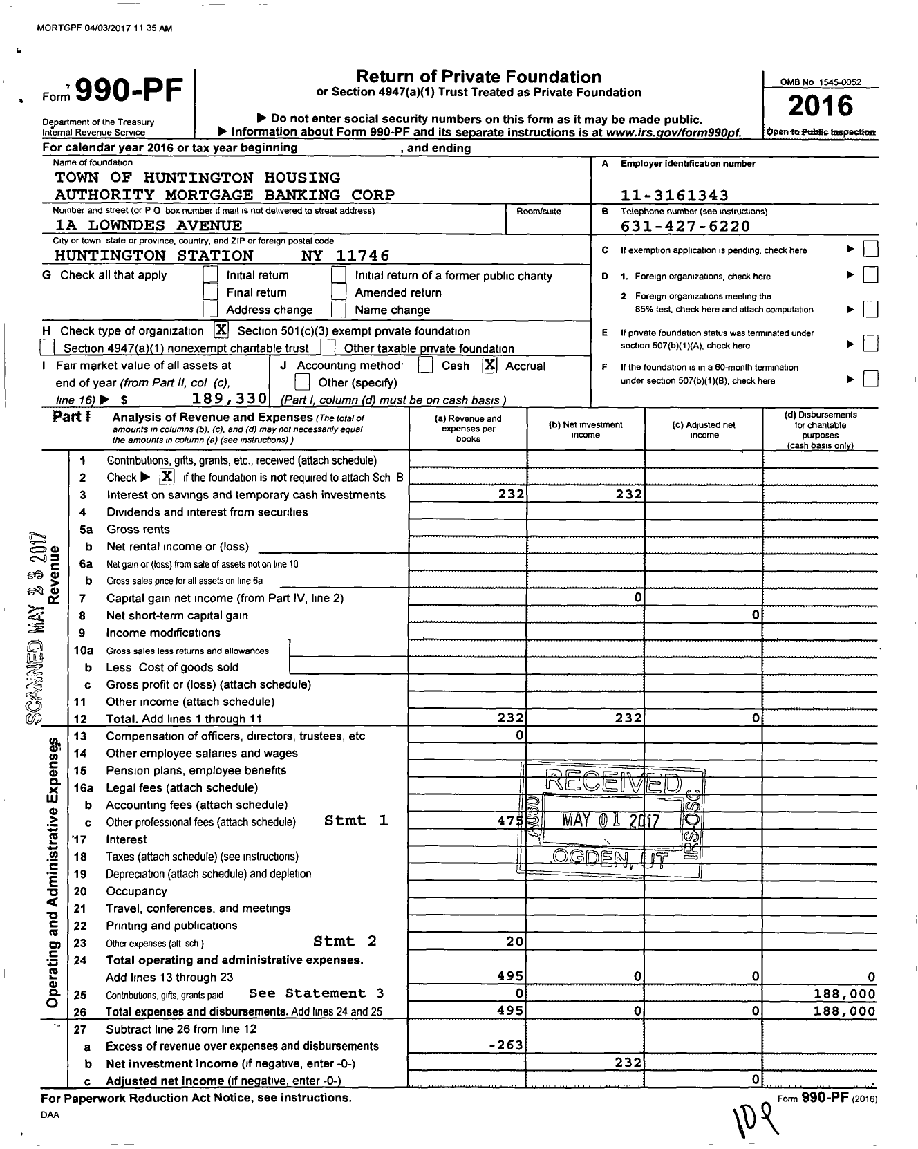 Image of first page of 2016 Form 990PF for Town of Huntington Housing Authority Mortgage Banking Corporation