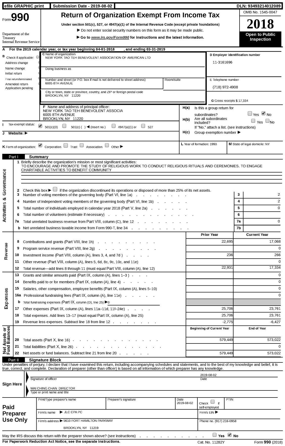 Image of first page of 2018 Form 990 for New York Tao Teh Benevolent Association of American