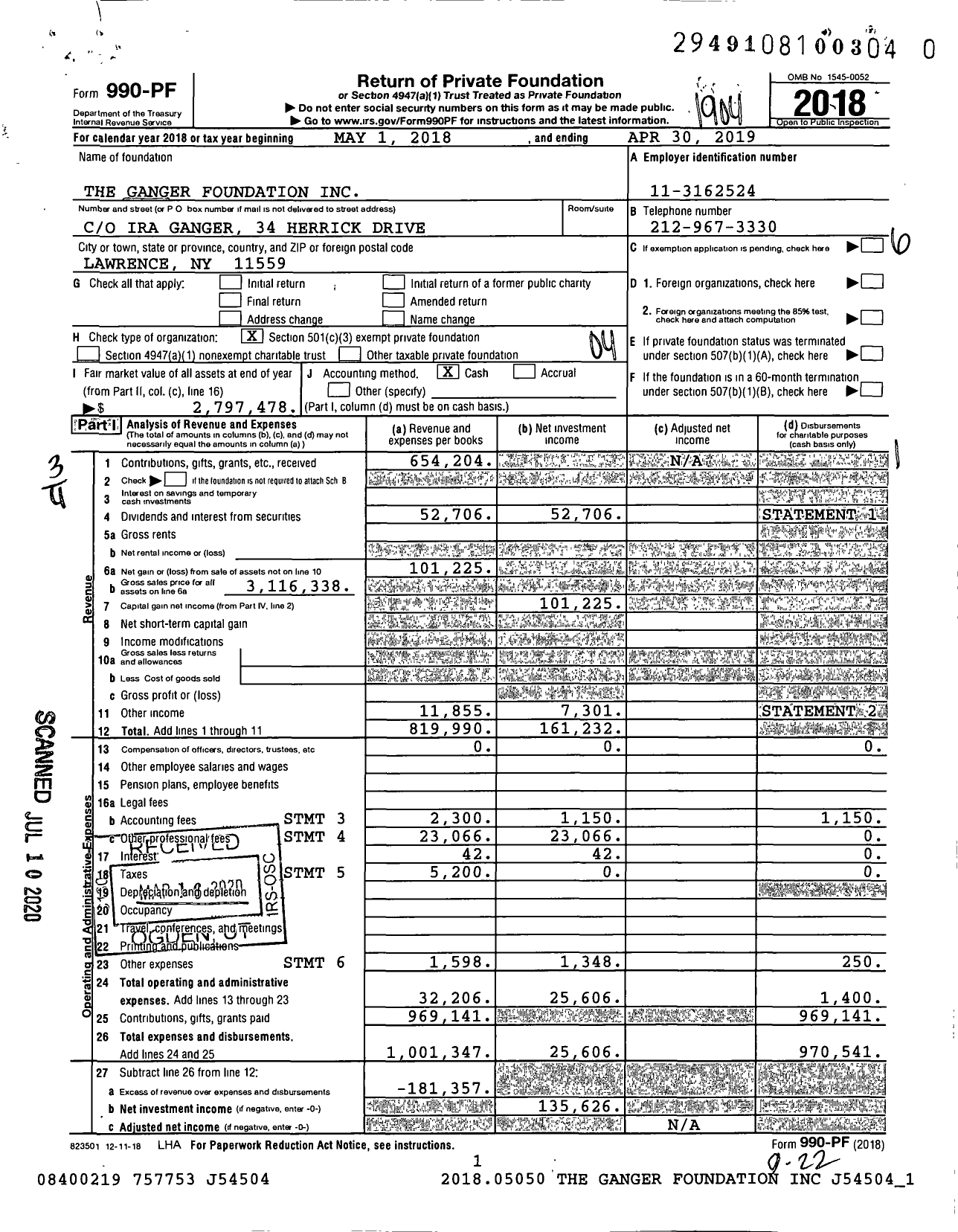 Image of first page of 2018 Form 990PR for The Ganger Foundation