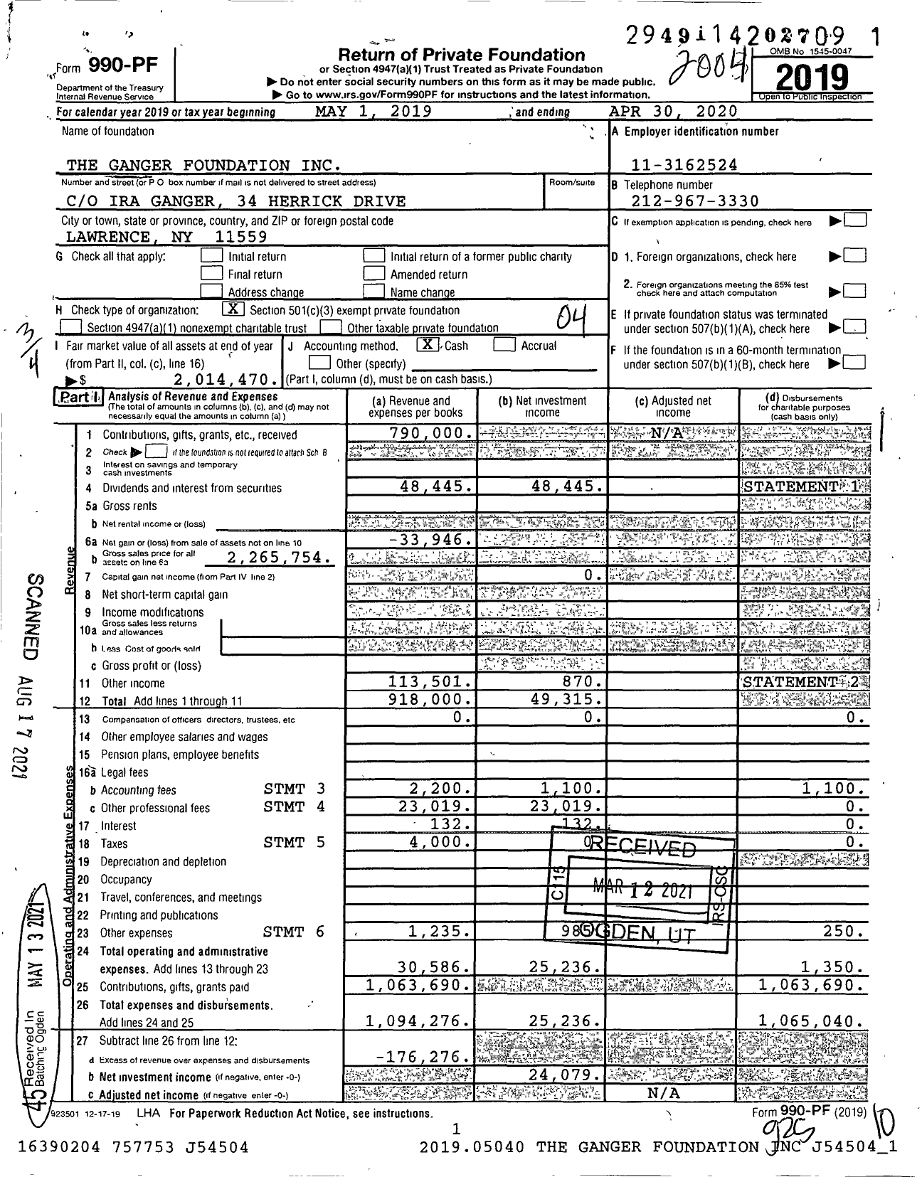 Image of first page of 2019 Form 990PF for The Ganger Foundation