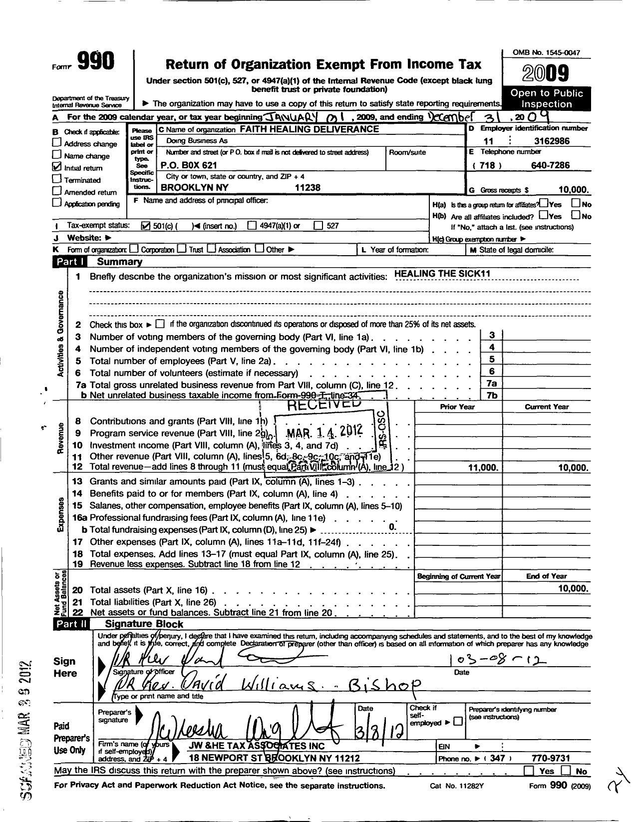 Image of first page of 2009 Form 990 for Faith Healing Deliverance Church