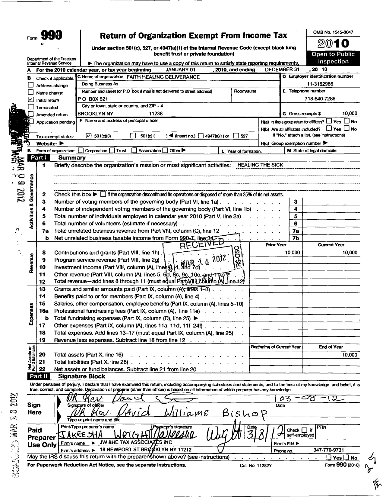 Image of first page of 2010 Form 990 for Faith Healing Deliverance Church