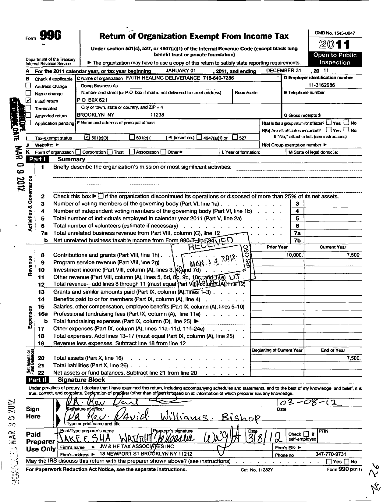 Image of first page of 2011 Form 990 for Faith Healing Deliverance Church