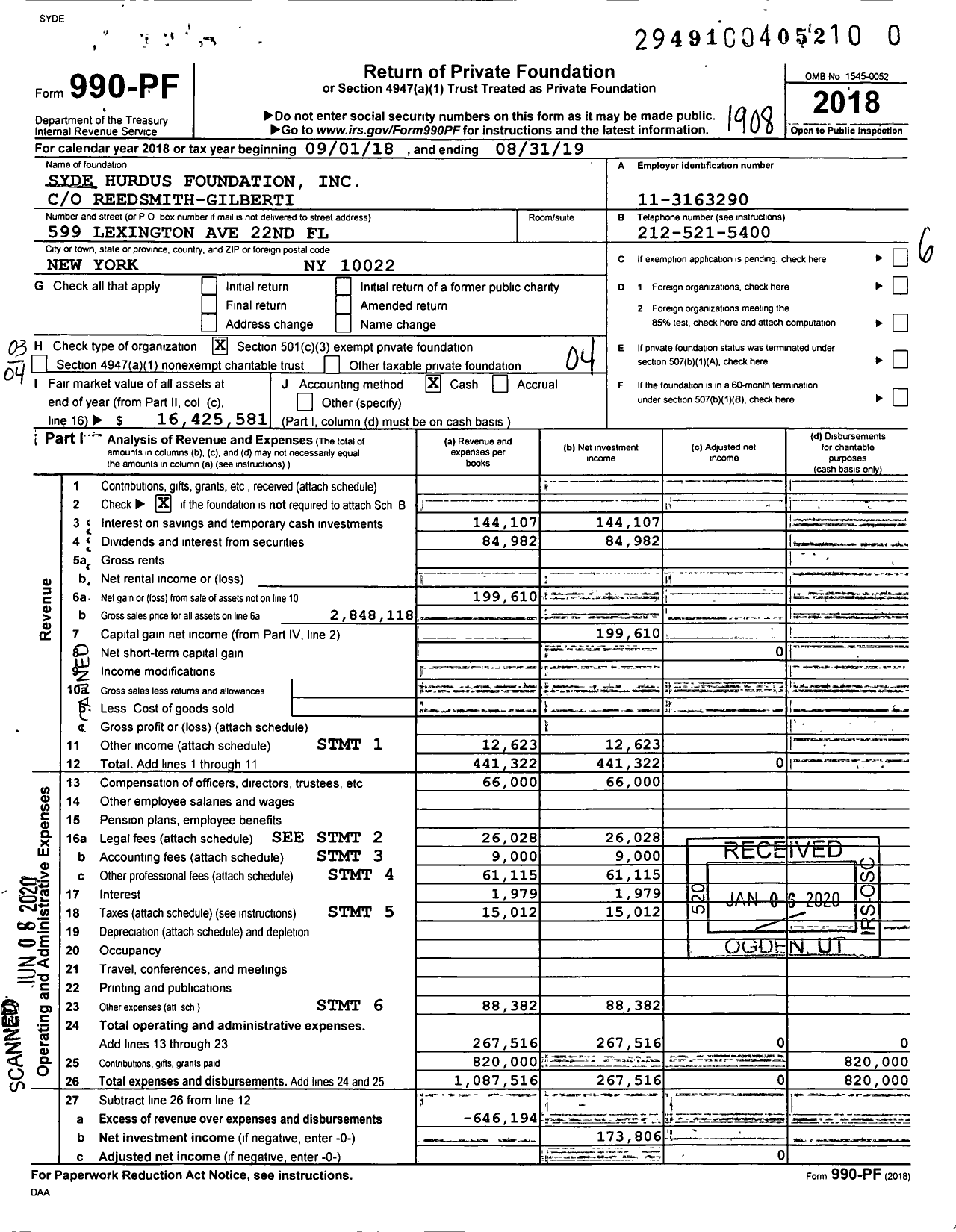 Image of first page of 2018 Form 990PR for Syde Hurdus Foundation