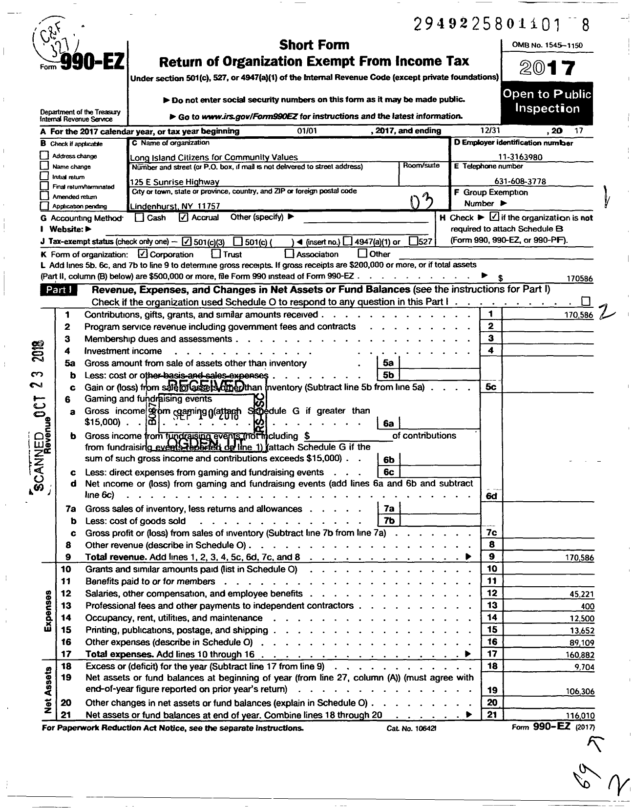 Image of first page of 2017 Form 990EZ for Long Island Citizens for Community Values