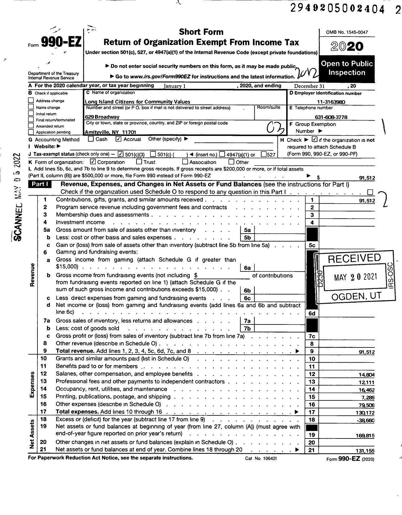 Image of first page of 2020 Form 990EZ for Long Island Citizens for Community Values