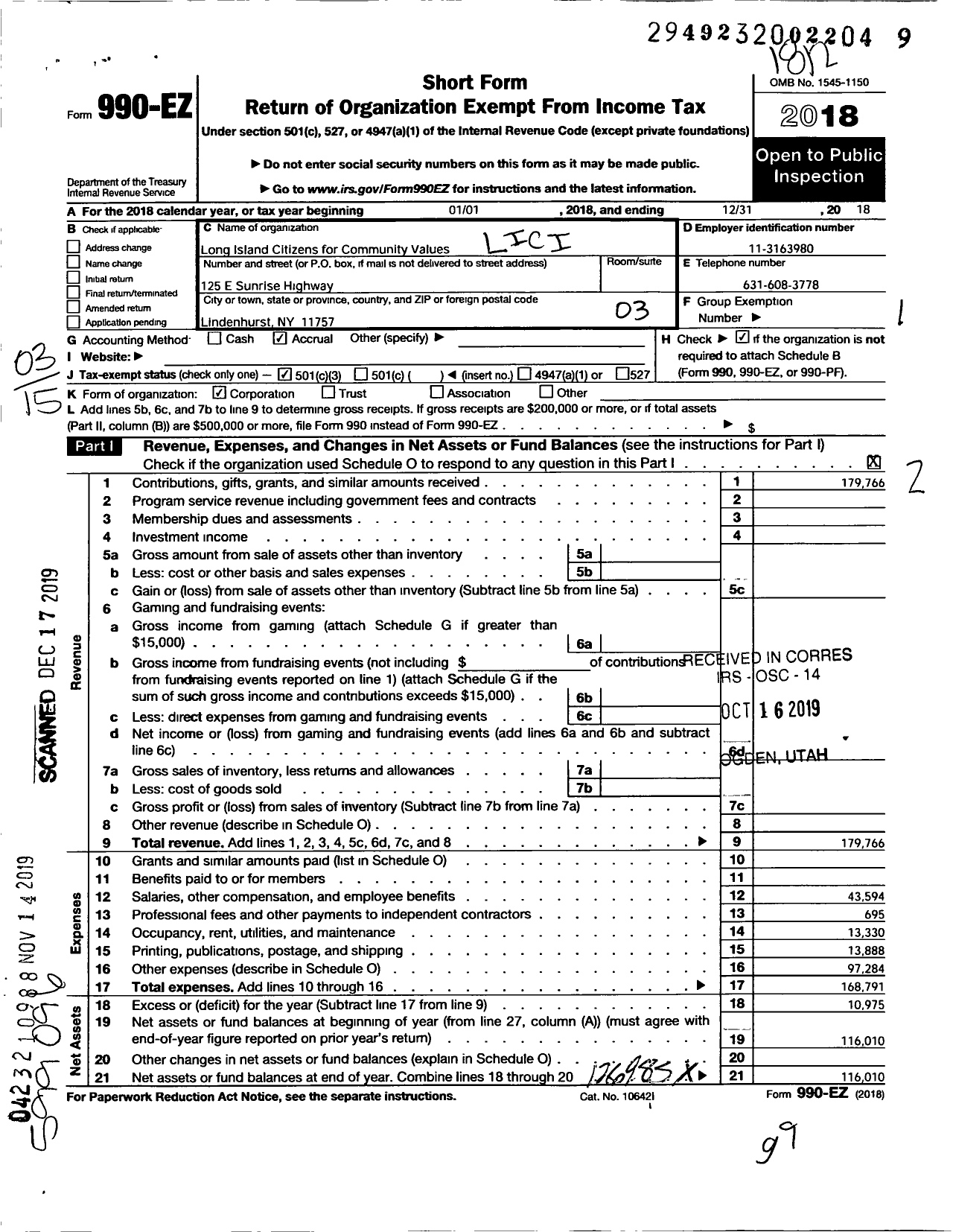 Image of first page of 2018 Form 990EZ for Long Island Citizens for Community Values