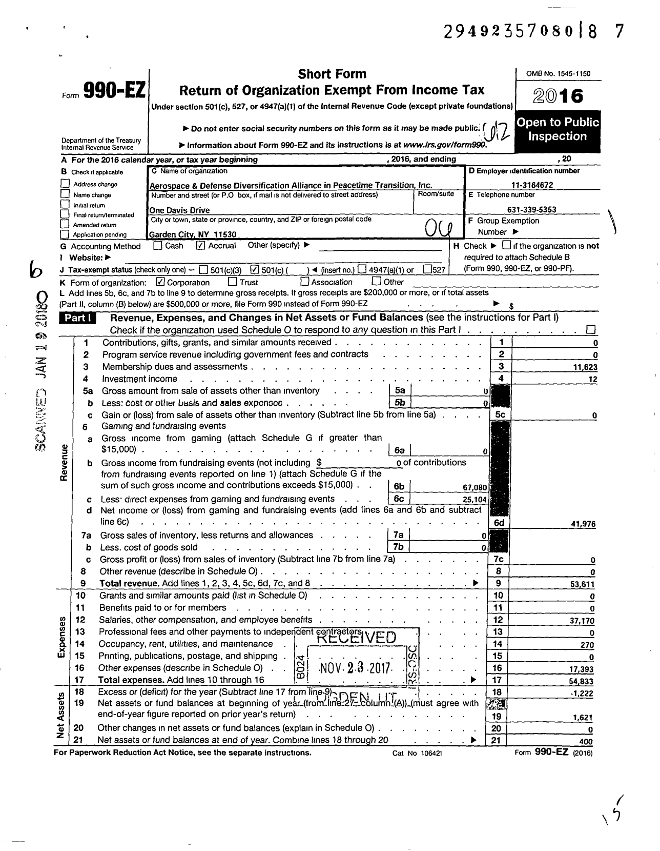 Image of first page of 2016 Form 990EO for Aerospace and Defense Diversification in Peacetime Transition