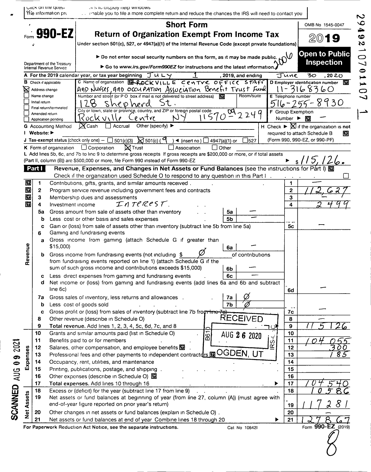 Image of first page of 2019 Form 990EO for Rockville Centre Office Staff and Nurses and Occupation Association Benefit Trust