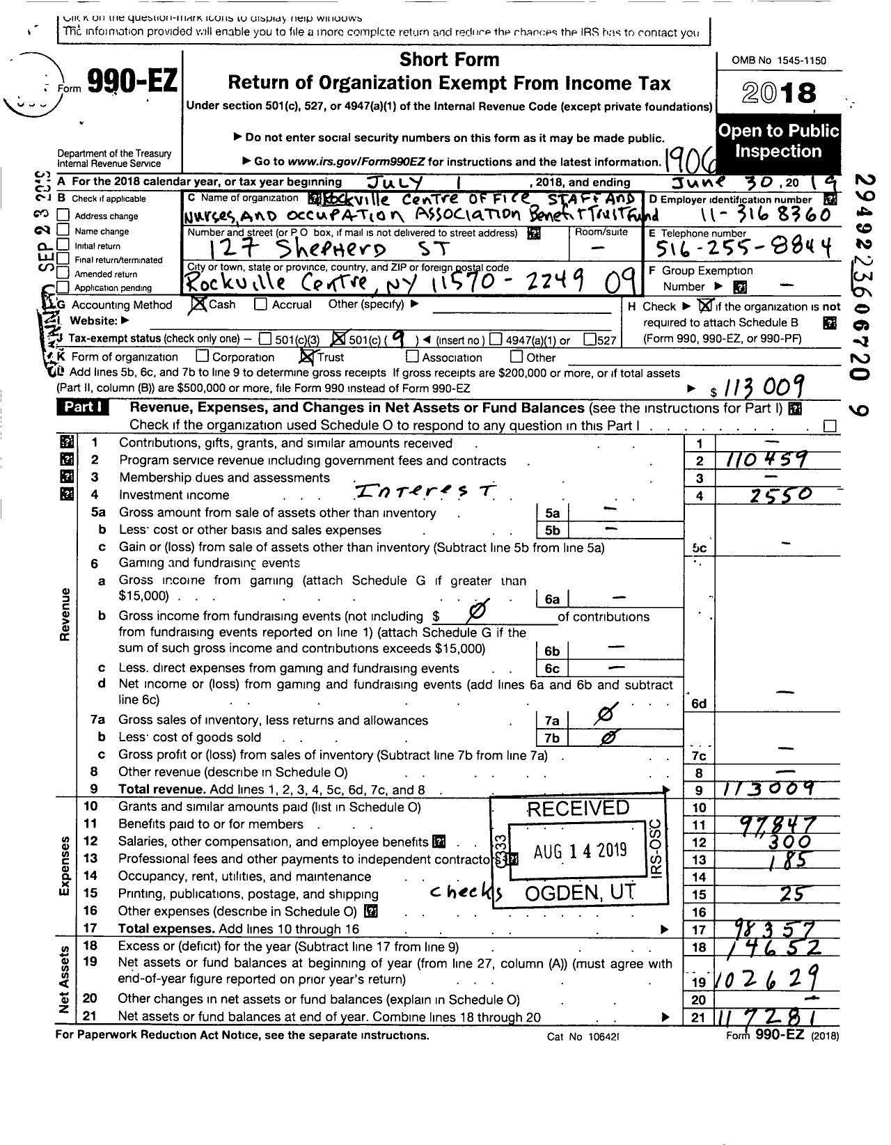 Image of first page of 2018 Form 990EO for Rockville Centre Office Staff and Nurses and Occupation Association Benefit Trust