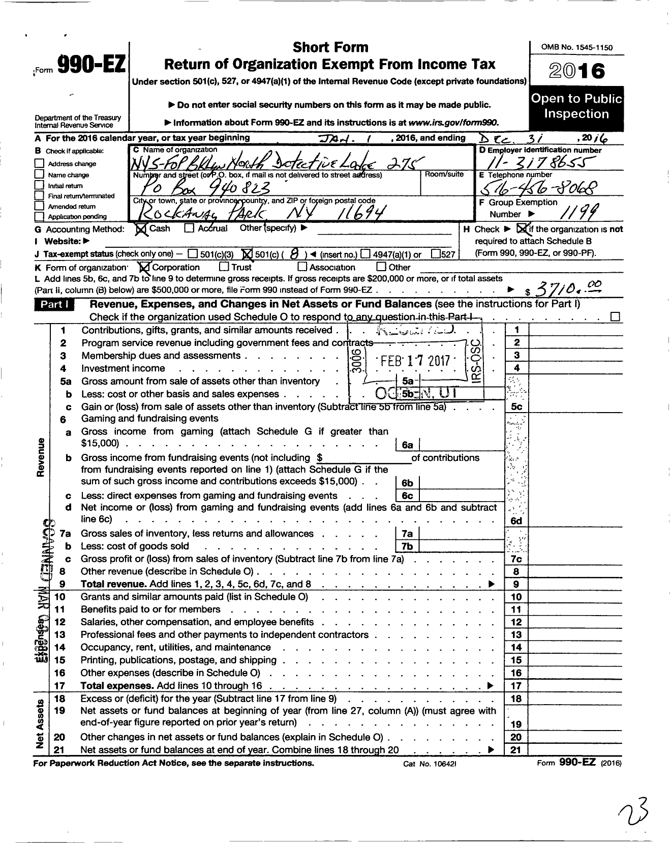 Image of first page of 2016 Form 990EO for Fraternal Order of Police - 275 Brooklyn North Detectives