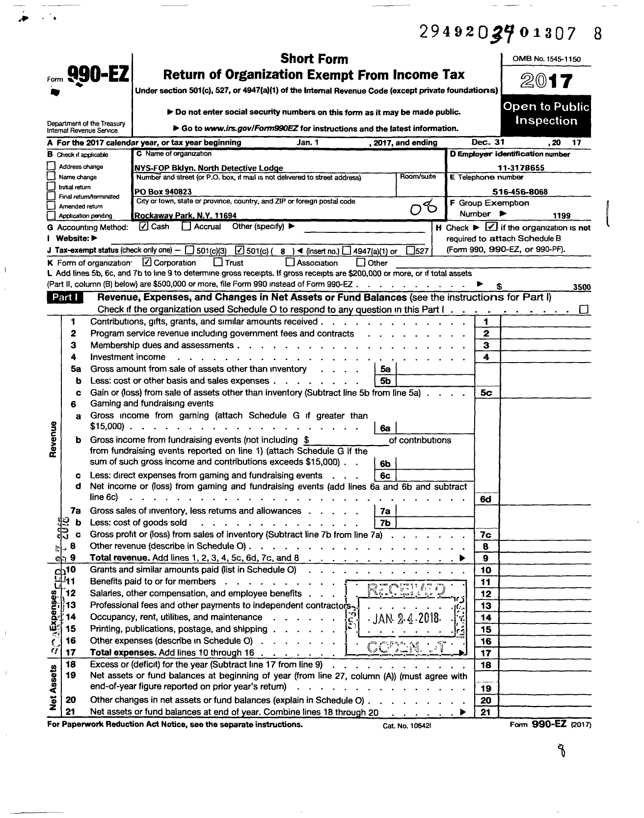 Image of first page of 2017 Form 990EO for Fraternal Order of Police - 275 Brooklyn North Detectives