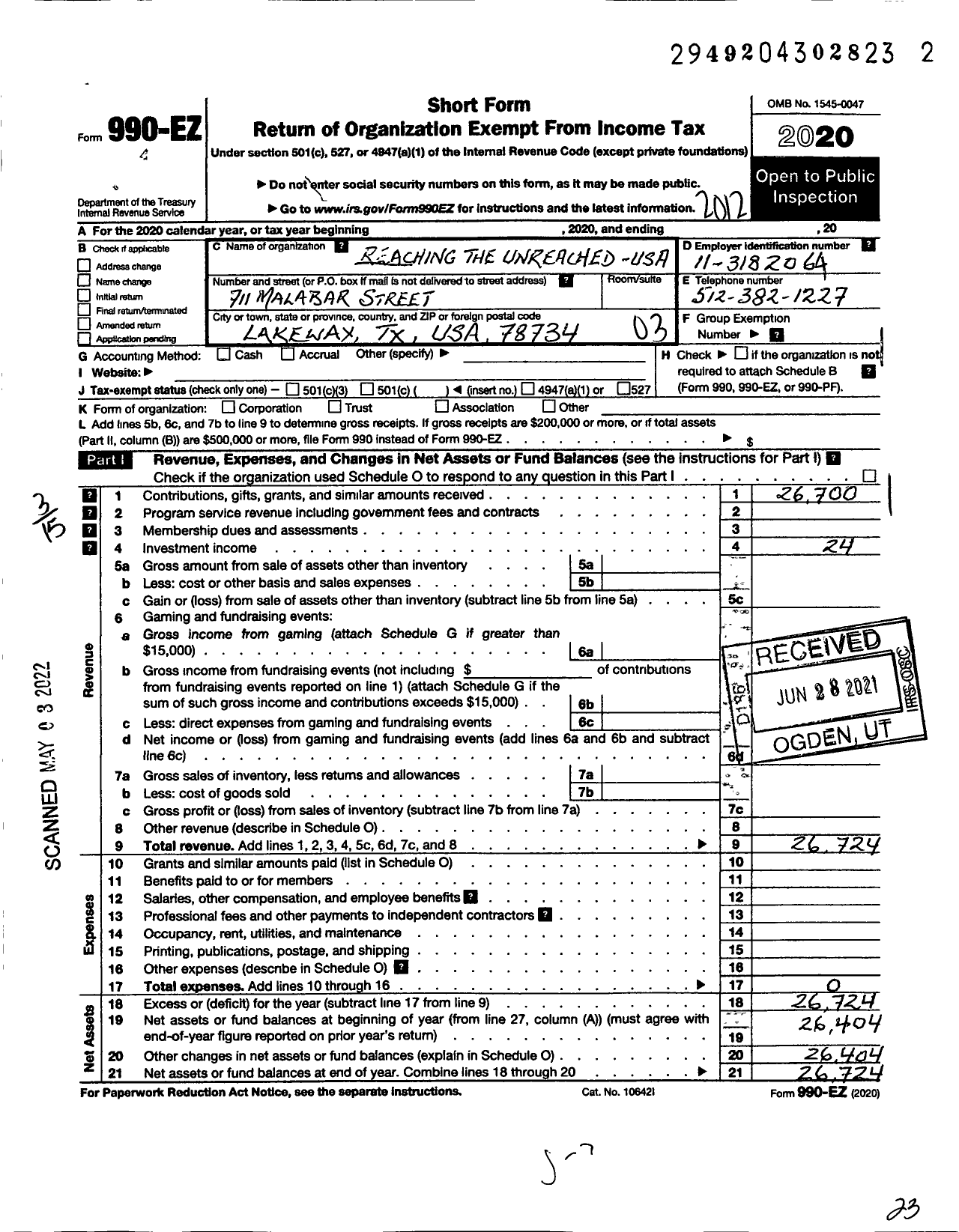 Image of first page of 2020 Form 990EZ for Reaching the Unreached-Usa