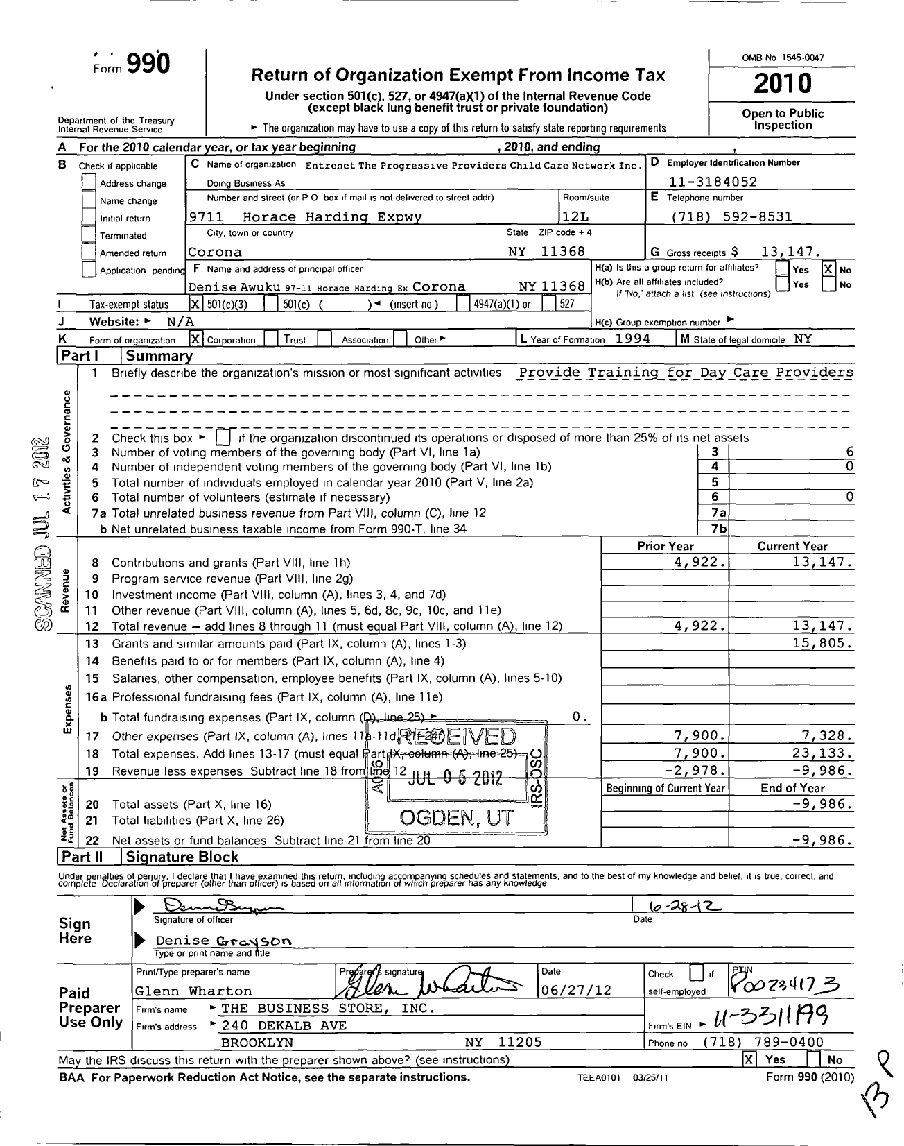 Image of first page of 2010 Form 990 for Entrenet the Progressive Providers Child Care Network