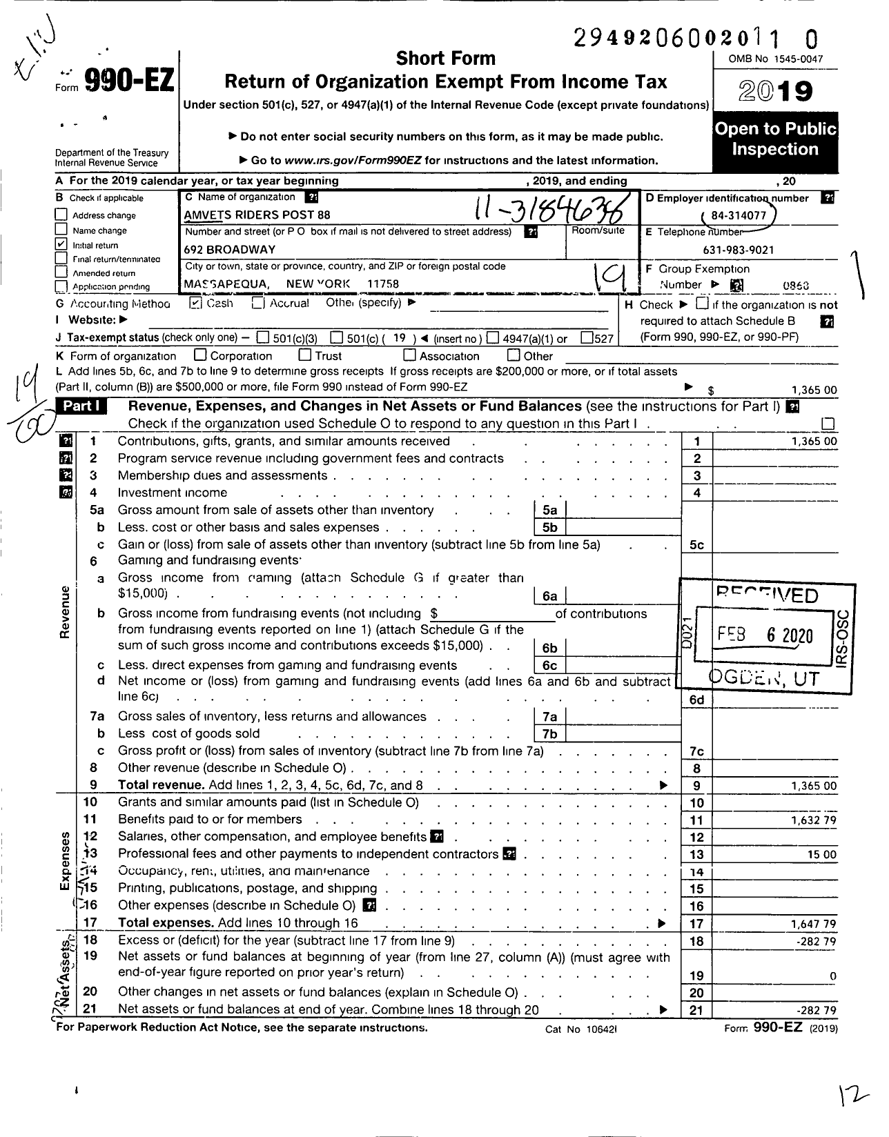 Image of first page of 2019 Form 990EO for Amvets - 88 Amvet Memorial Post