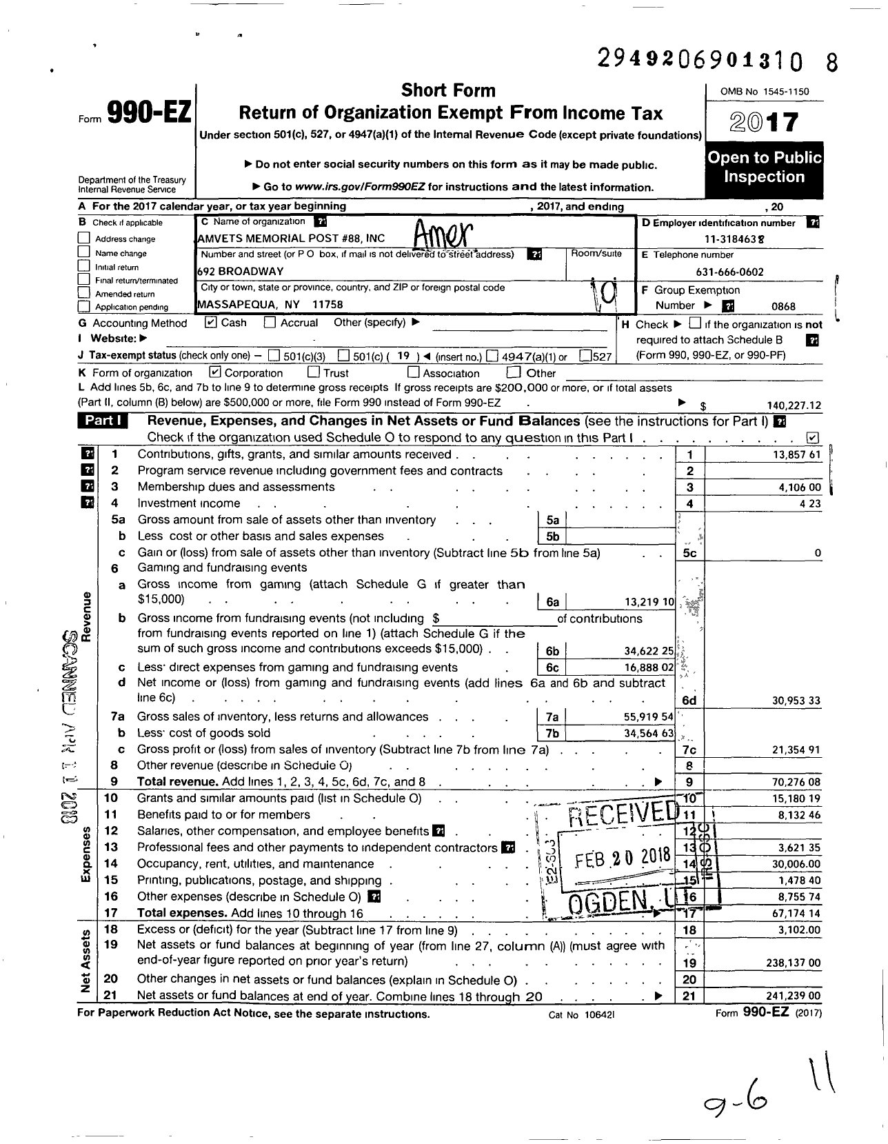 Image of first page of 2017 Form 990EO for Amvets - 88 Amvet Memorial Post