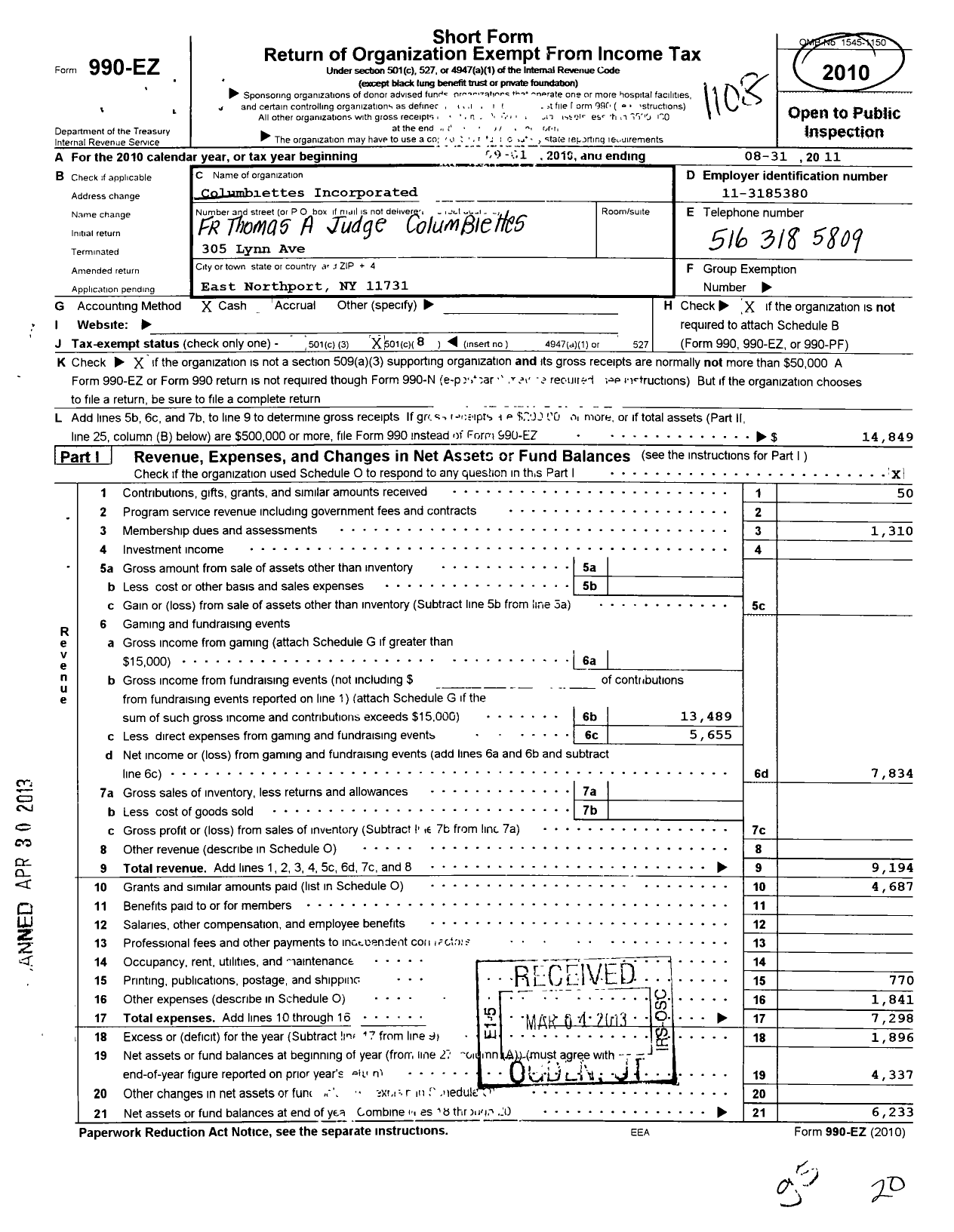 Image of first page of 2010 Form 990EO for Columbiettes - 6893 Father Thomas A Judge Columbie