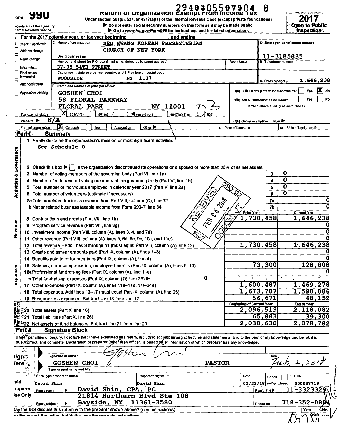 Image of first page of 2017 Form 990 for Seo Kwang Korean Presbyterian Church of New York