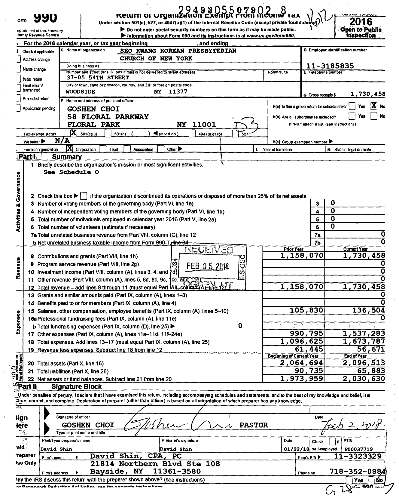 Image of first page of 2016 Form 990 for Seo Kwang Korean Presbyterian Church of New York