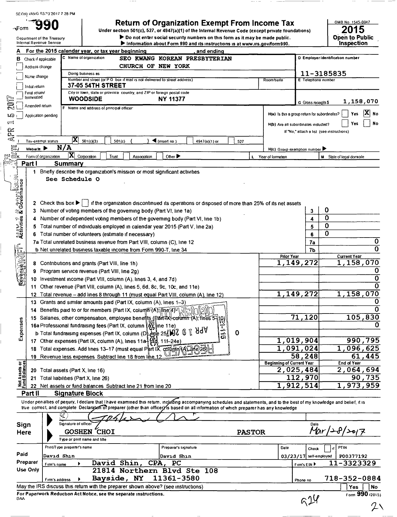 Image of first page of 2015 Form 990 for Seo Kwang Korean Presbyterian Church of New York