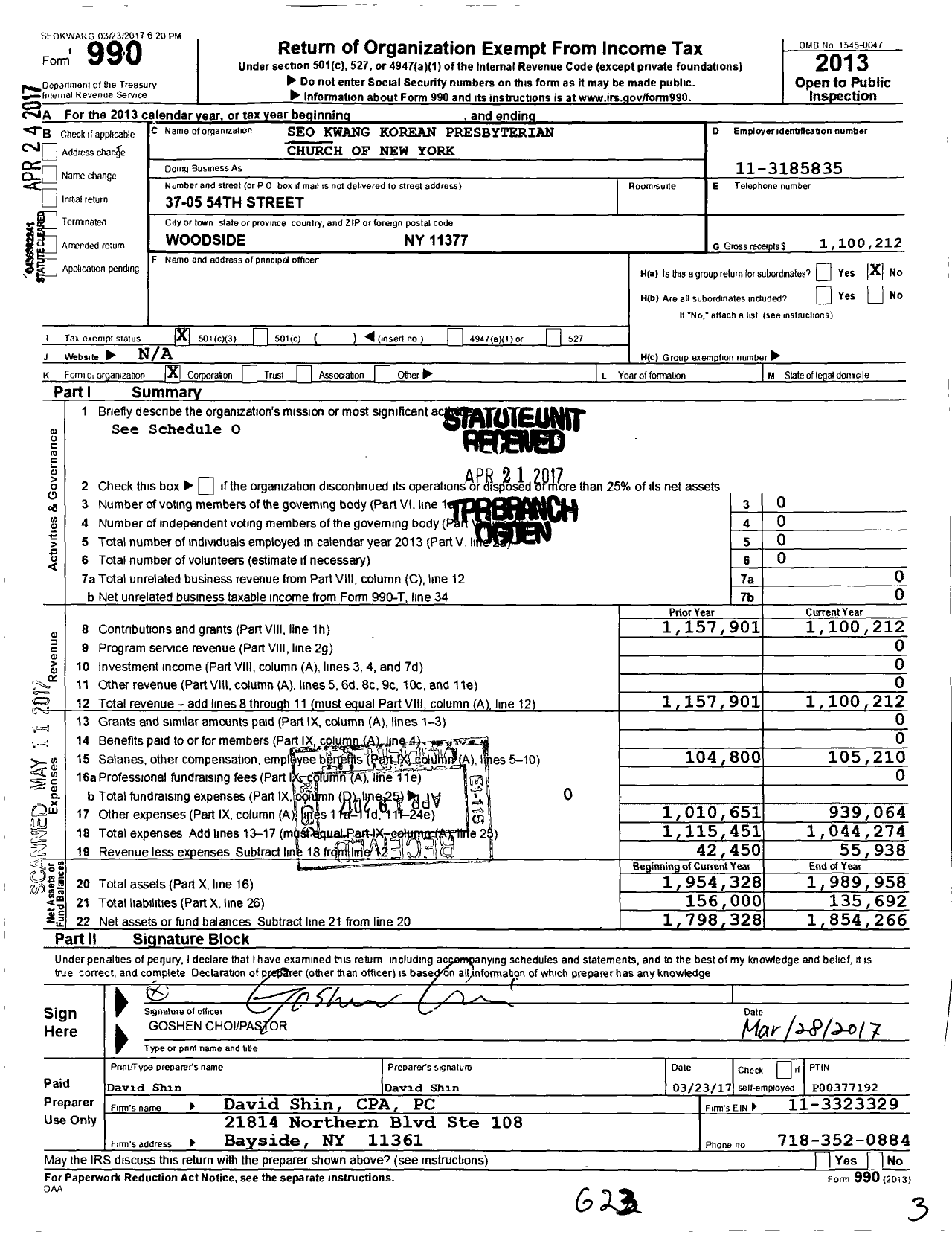 Image of first page of 2013 Form 990 for Seo Kwang Korean Presbyterian Church of New York