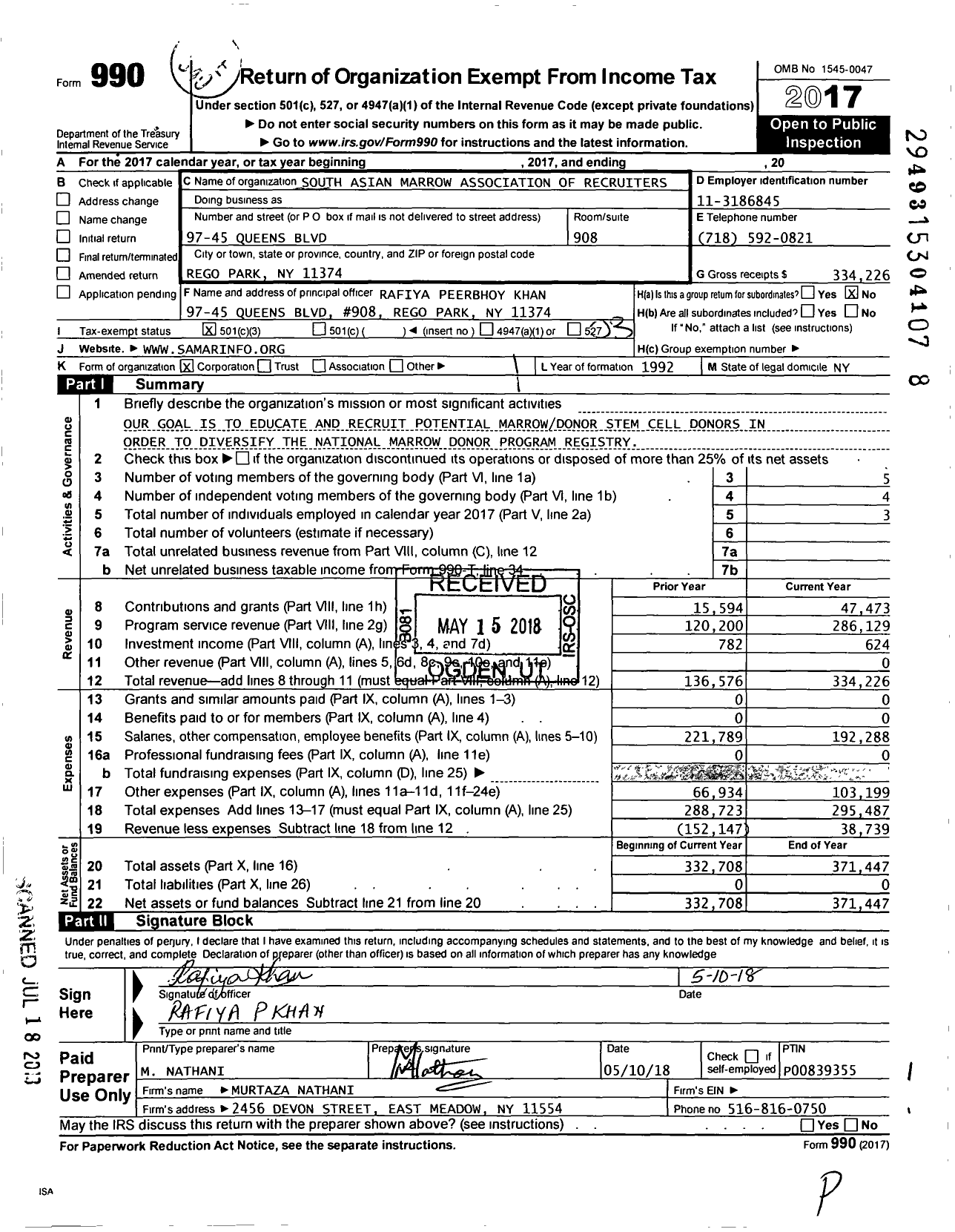 Image of first page of 2017 Form 990 for South Asian Marrow Association of Recruiters