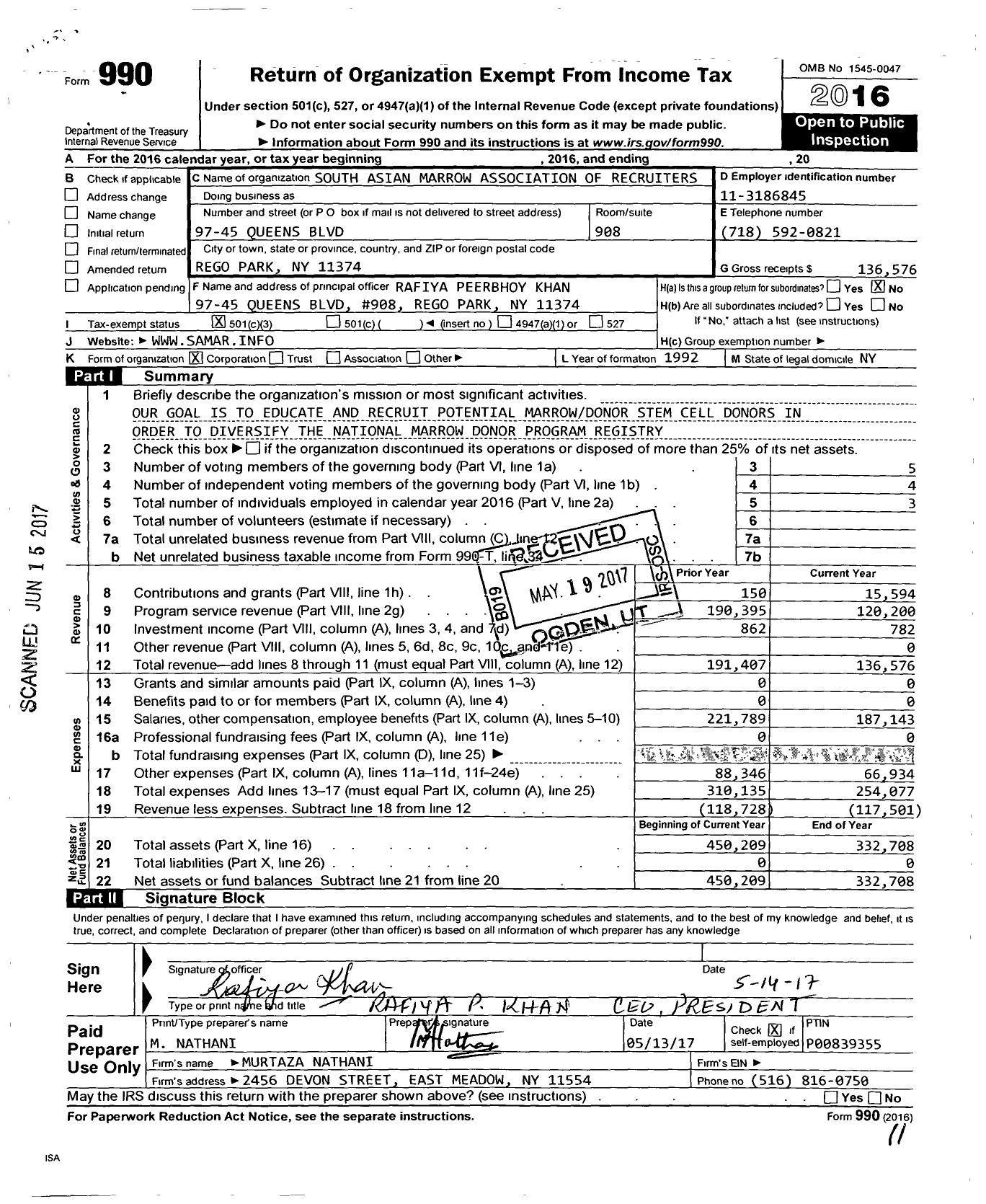 Image of first page of 2016 Form 990 for South Asian Marrow Association of Recruiters