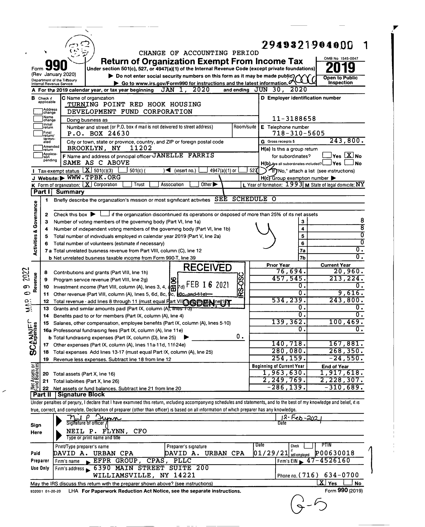 Image of first page of 2019 Form 990 for Turning Point Red Hook Housing Development Fund Corporation
