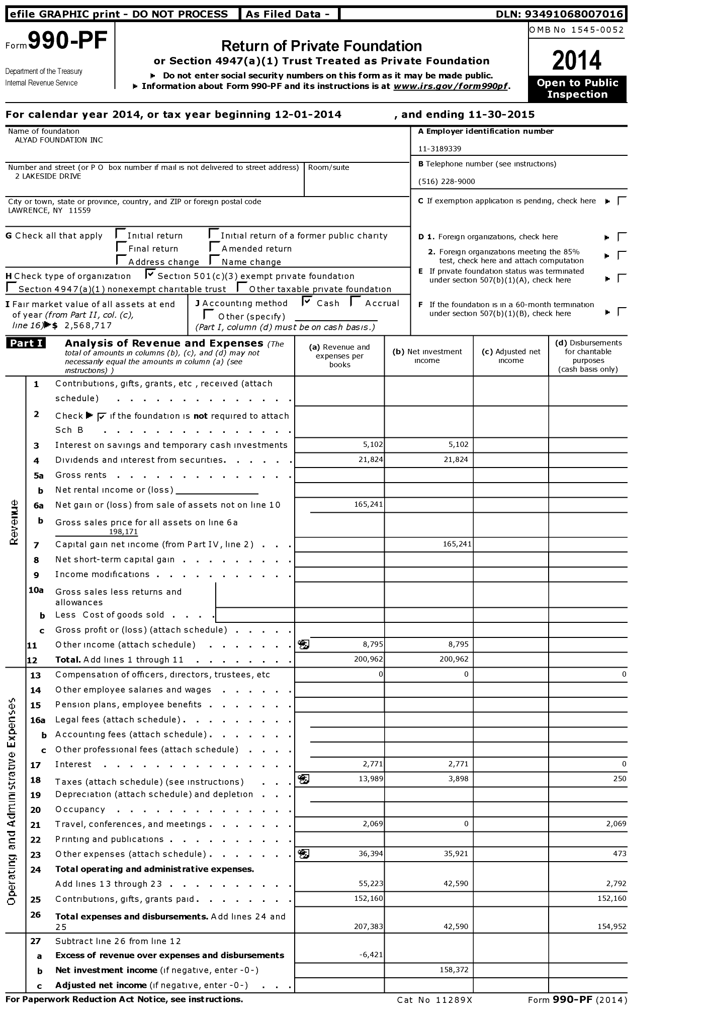 Image of first page of 2014 Form 990PF for Alyad Foundation