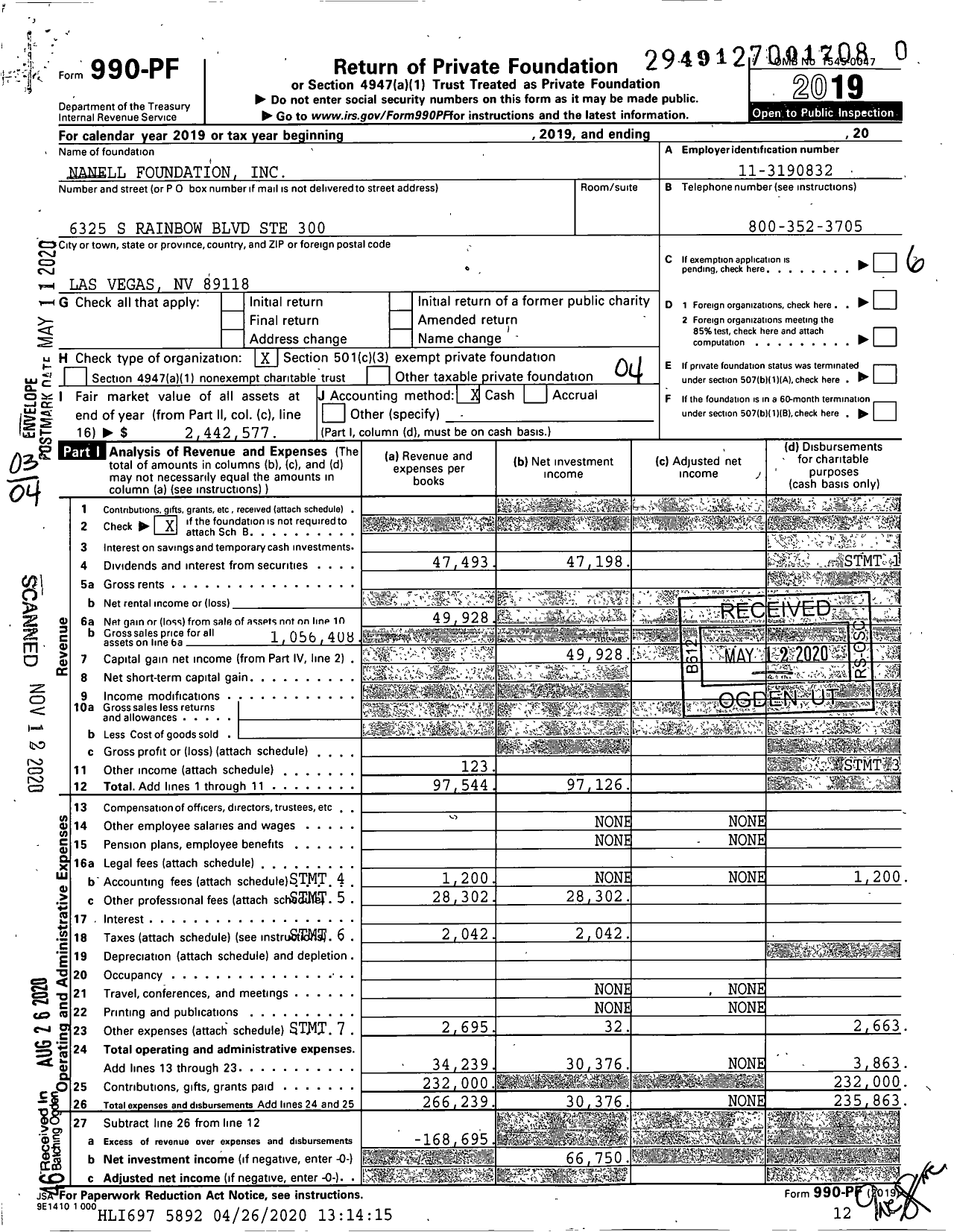 Image of first page of 2019 Form 990PF for Nanell Foundation