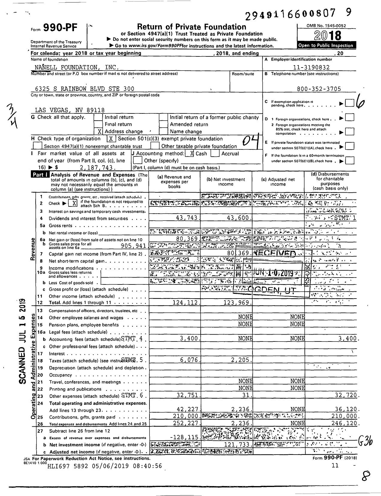 Image of first page of 2018 Form 990PF for Nanell Foundation
