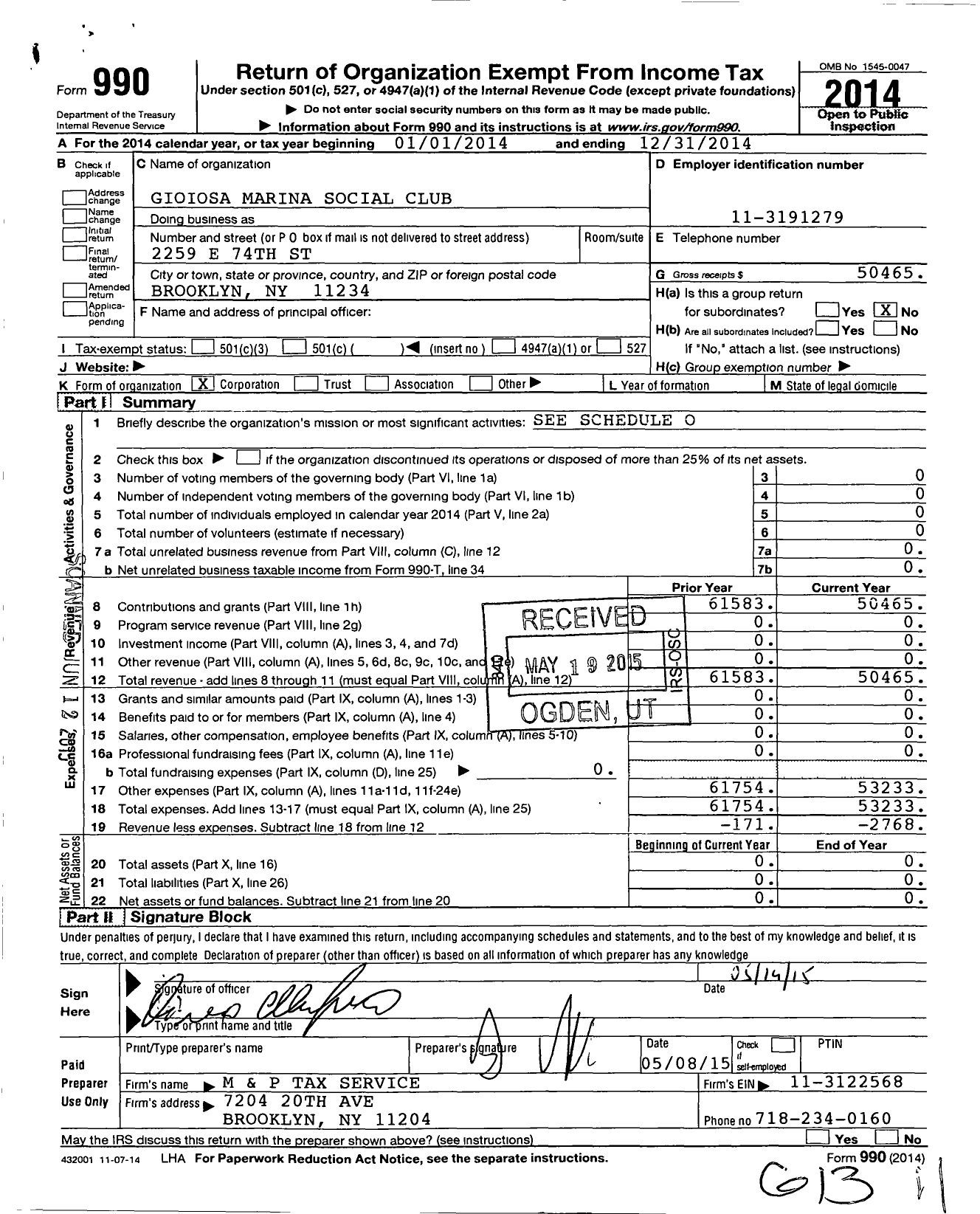 Image of first page of 2014 Form 990O for Gioiosa Marina Social Club