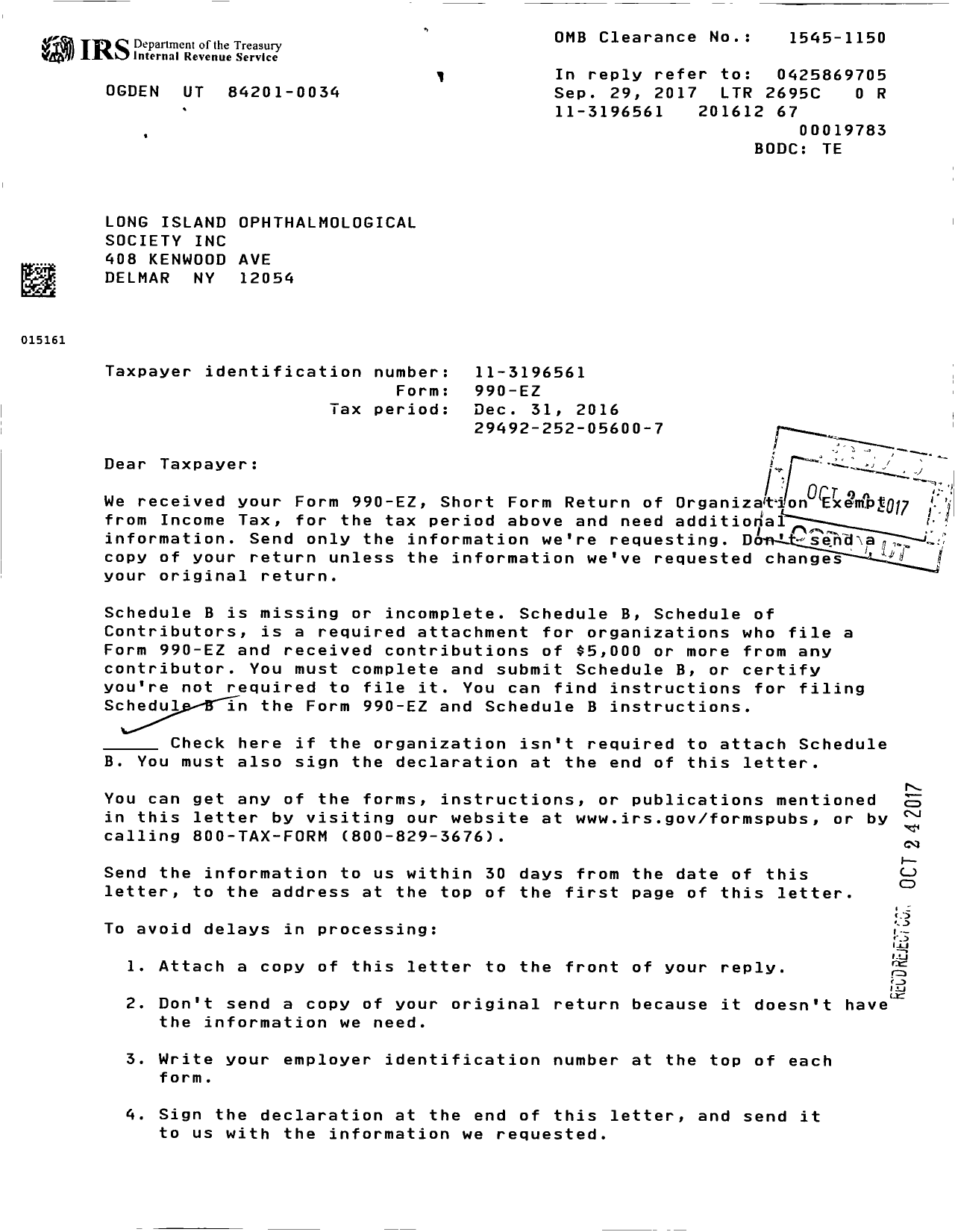 Image of first page of 2016 Form 990ER for Long Island Ophthalmological Society