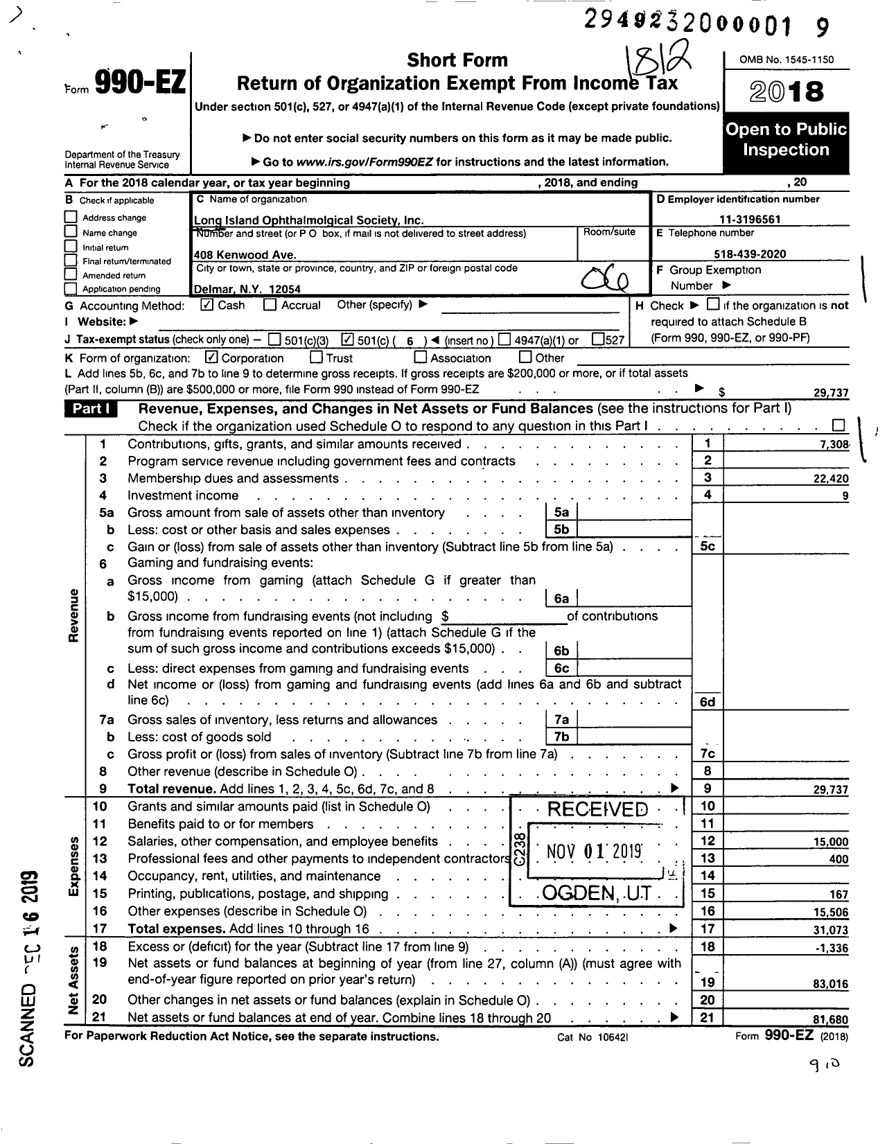 Image of first page of 2018 Form 990EO for Long Island Ophthalmological Society