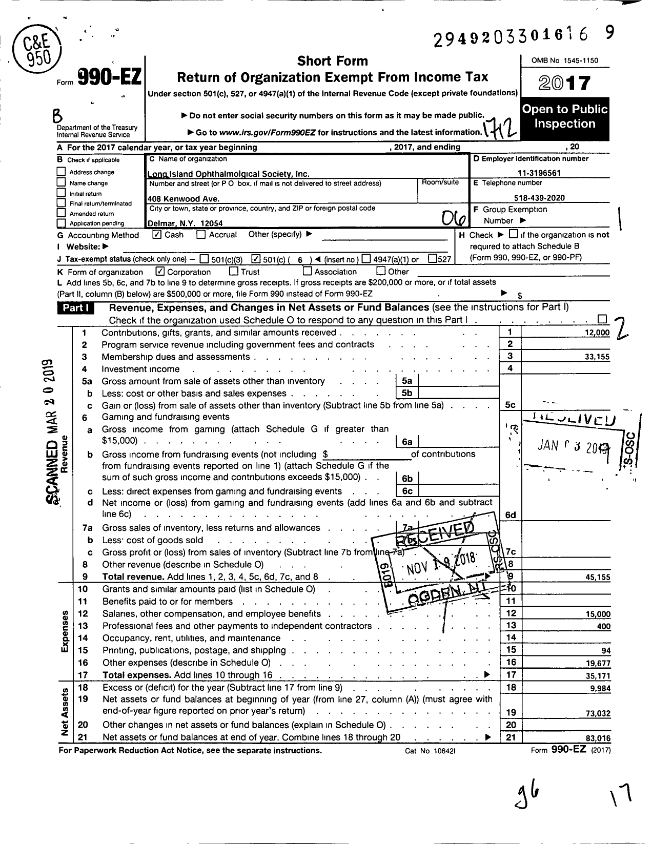 Image of first page of 2017 Form 990EO for Long Island Ophthalmological Society