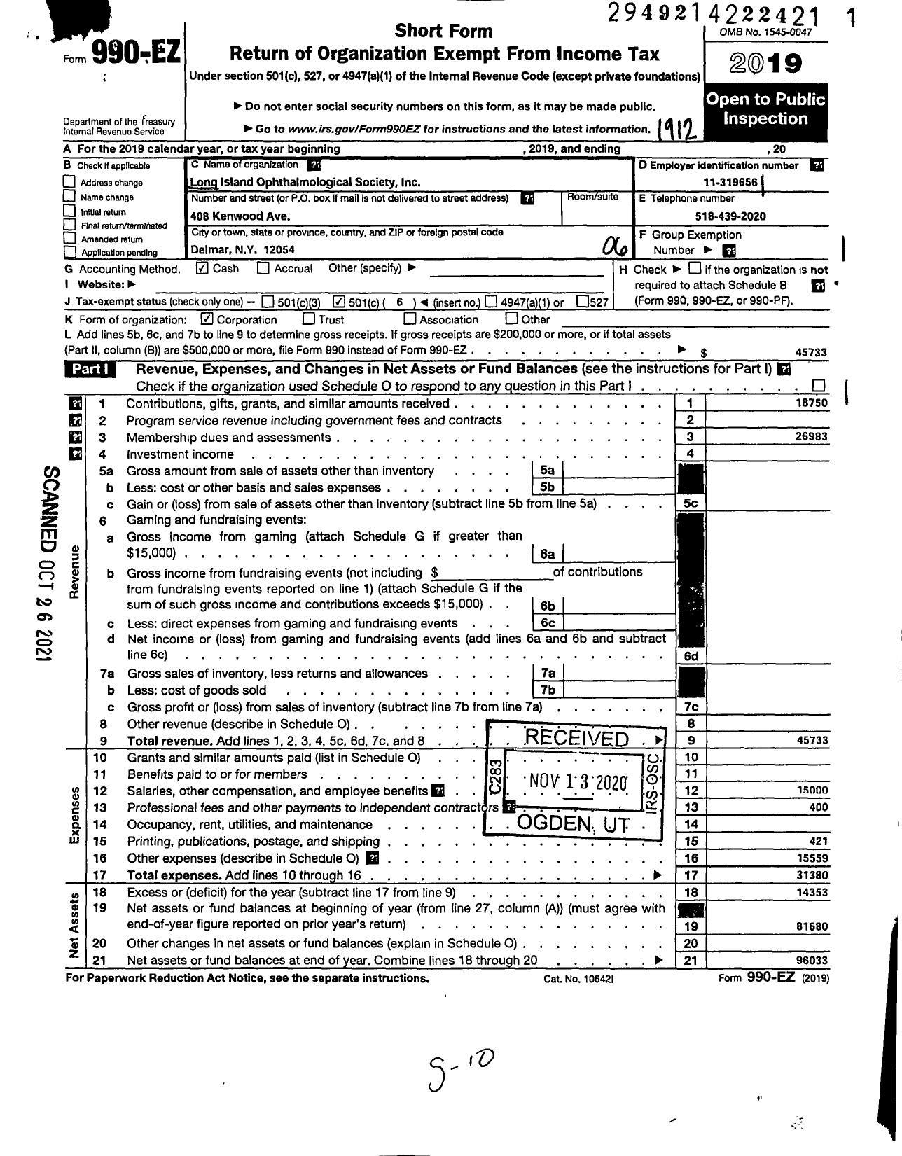 Image of first page of 2019 Form 990EO for Long Island Ophthalmological Society