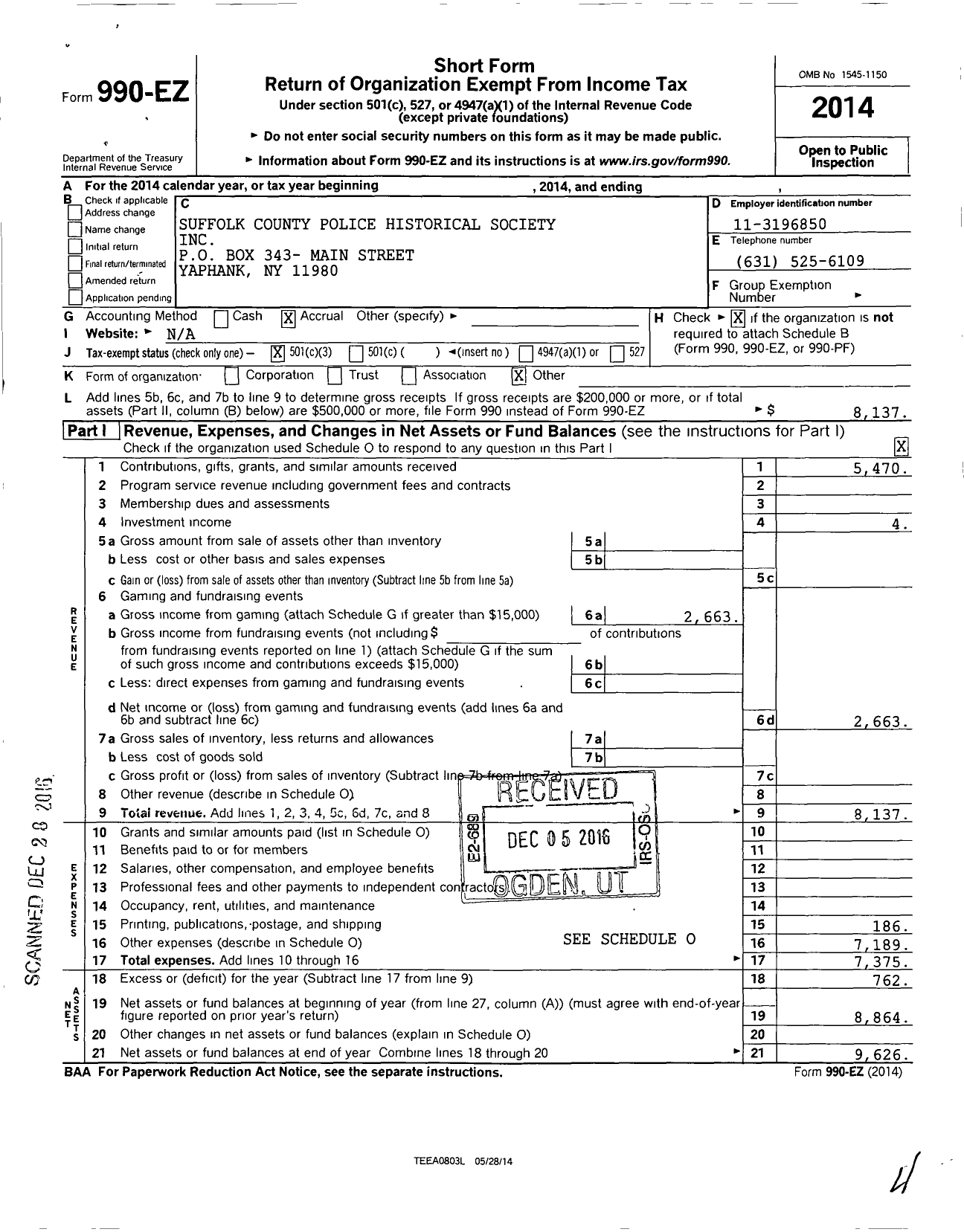 Image of first page of 2014 Form 990EZ for Suffolk County Police Historical Society