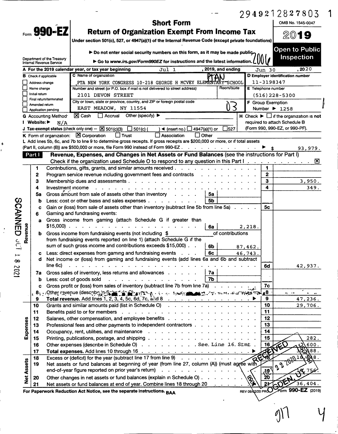 Image of first page of 2019 Form 990EZ for New York State PTA - 010-218 George H Mcvey