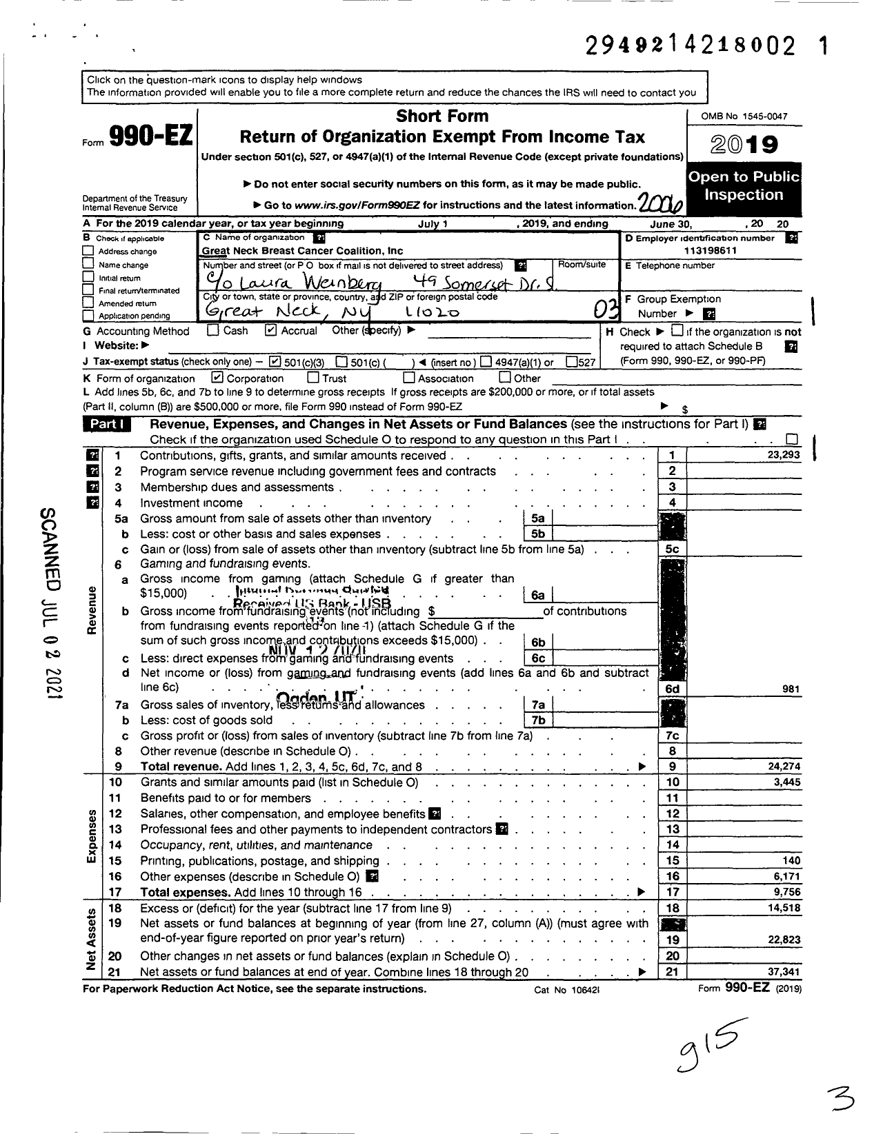 Image of first page of 2019 Form 990EZ for Great Neck Breast Cancer Coalition