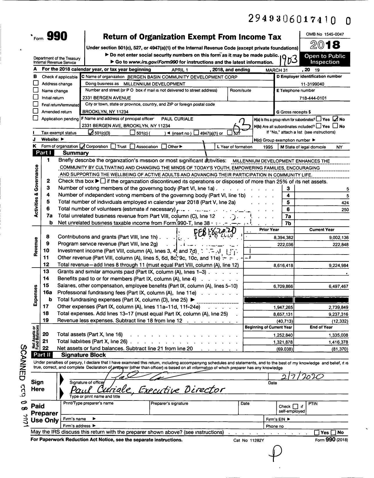 Image of first page of 2018 Form 990 for Millennium Development