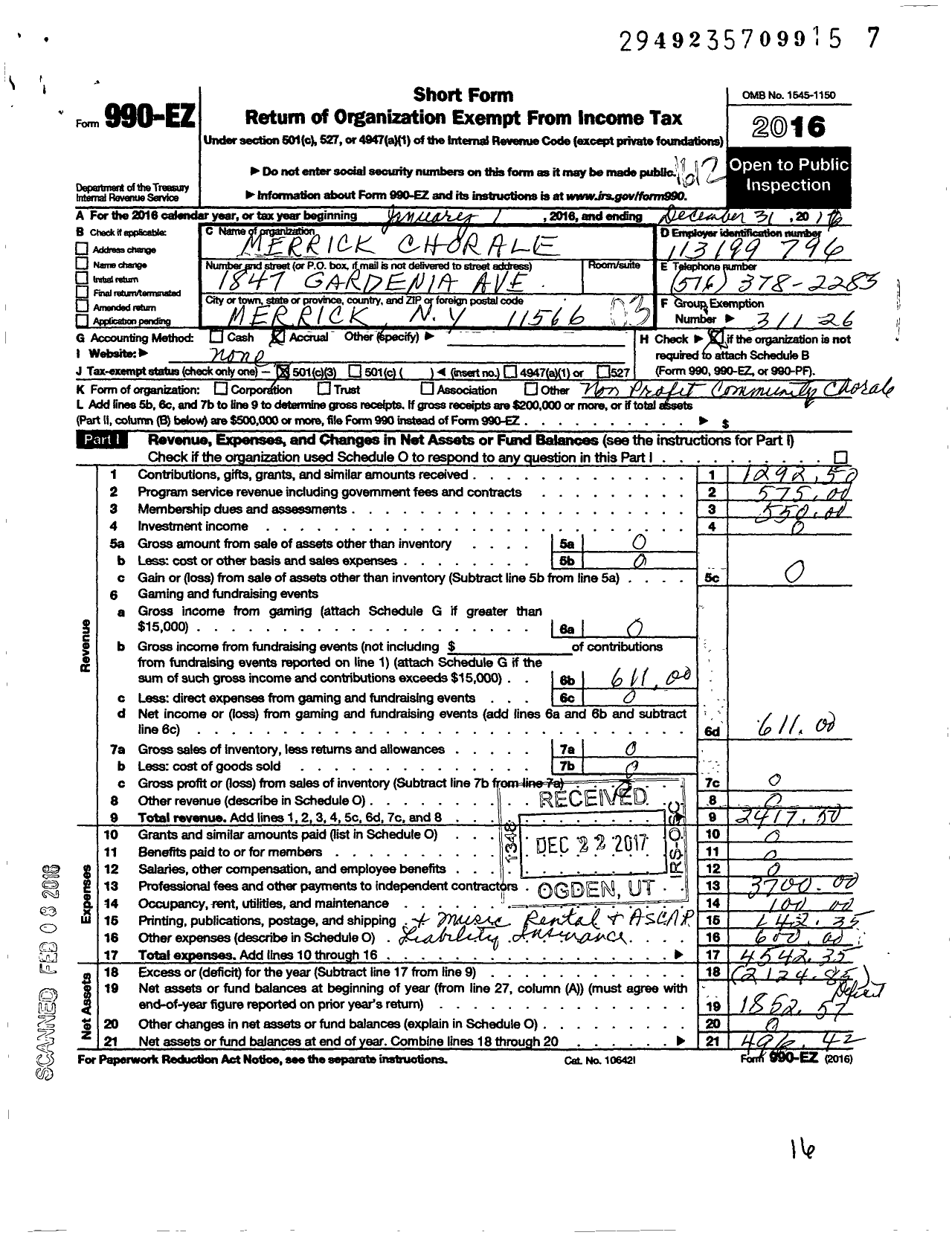 Image of first page of 2016 Form 990EZ for Merrick Chorale